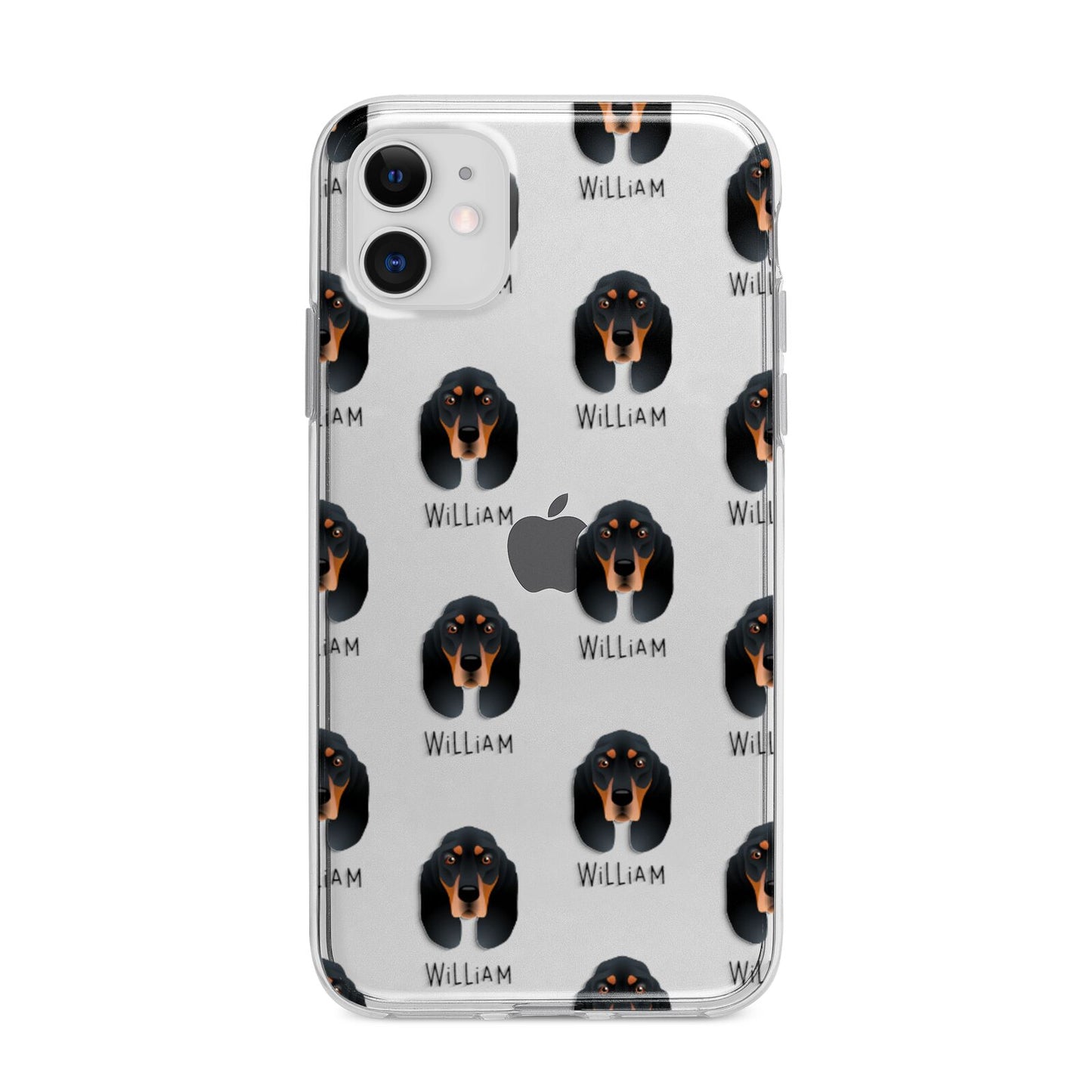 Black and Tan Coonhound Icon with Name Apple iPhone 11 in White with Bumper Case