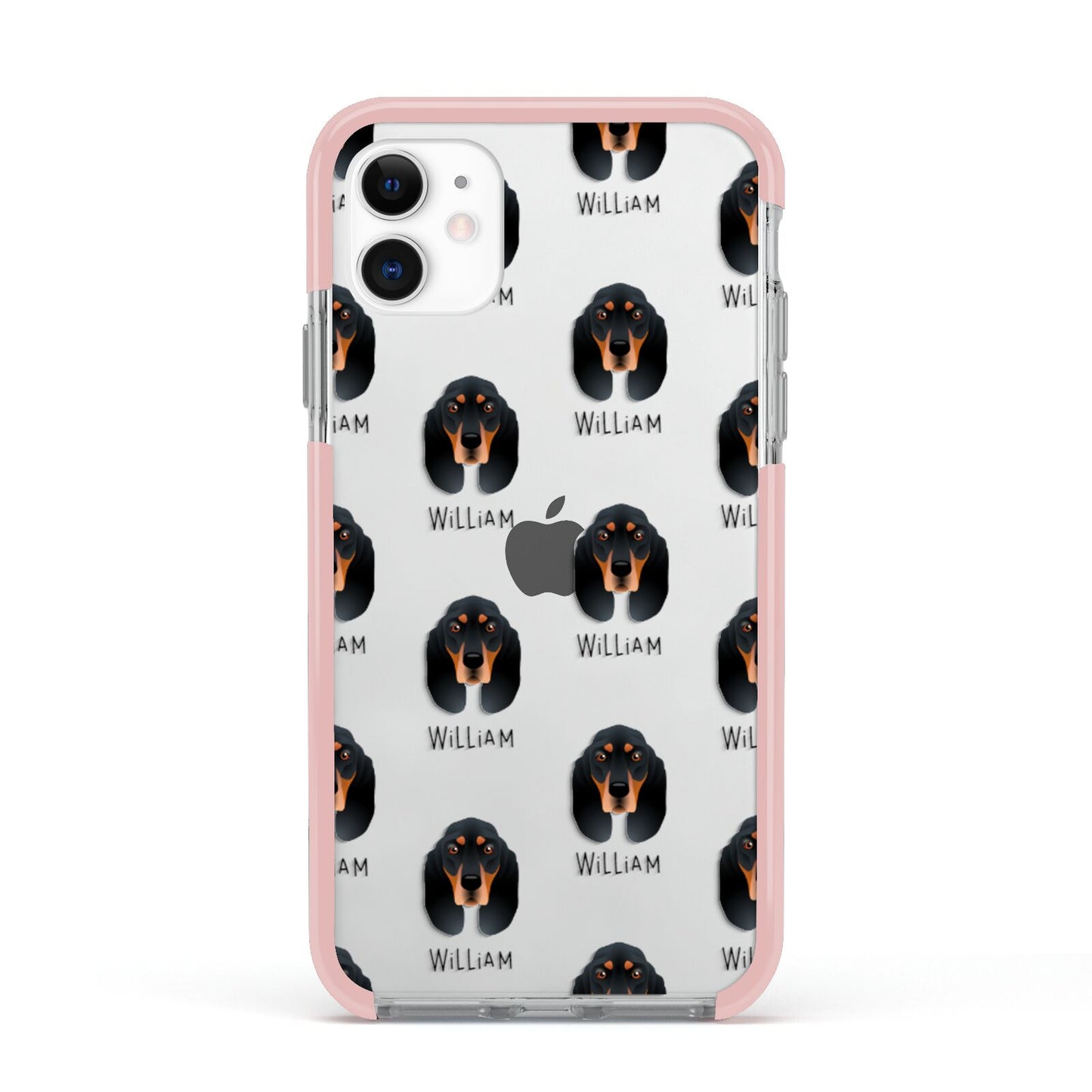 Black and Tan Coonhound Icon with Name Apple iPhone 11 in White with Pink Impact Case