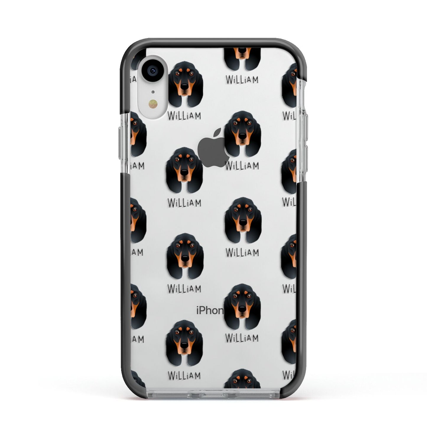 Black and Tan Coonhound Icon with Name Apple iPhone XR Impact Case Black Edge on Silver Phone