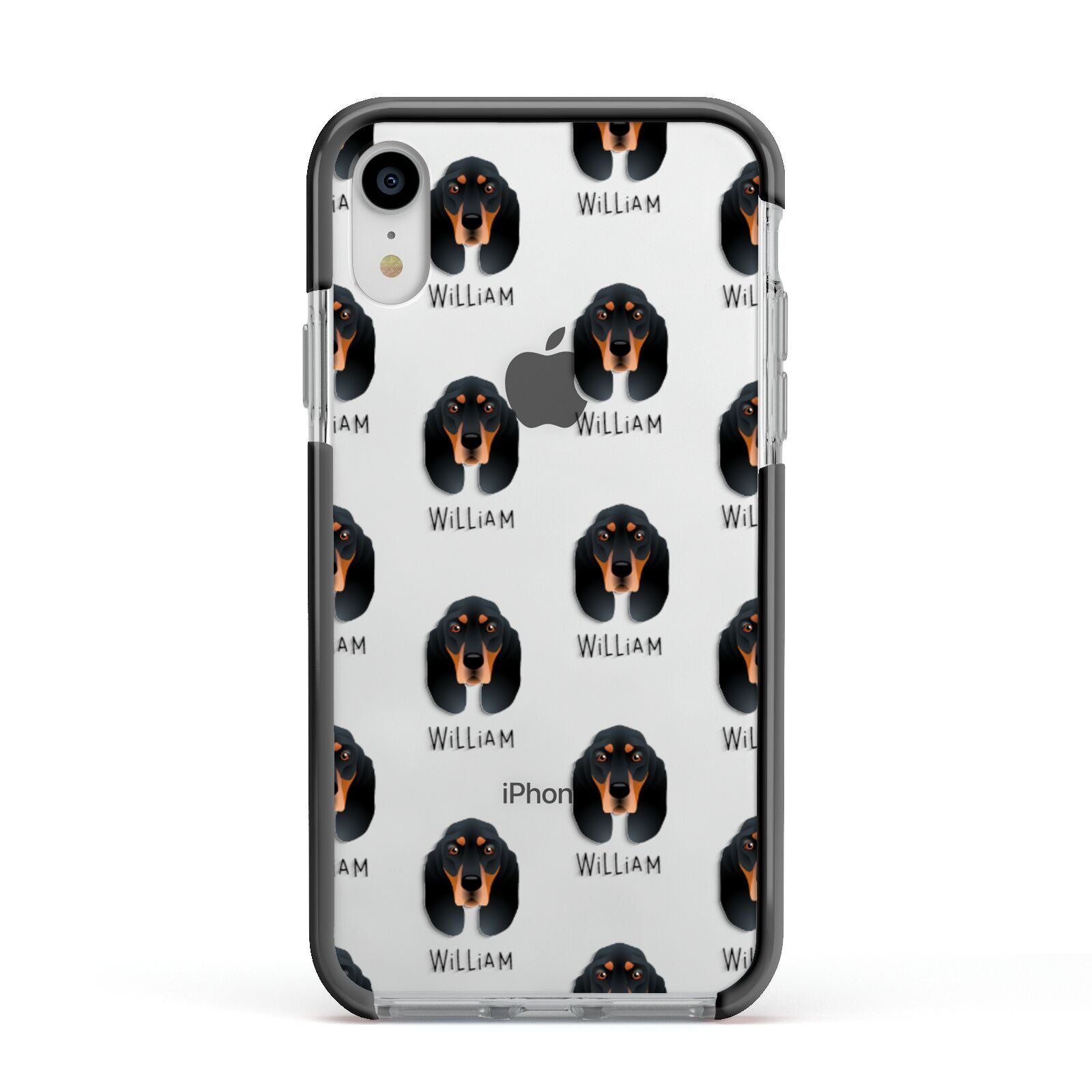 Black and Tan Coonhound Icon with Name Apple iPhone XR Impact Case Black Edge on Silver Phone