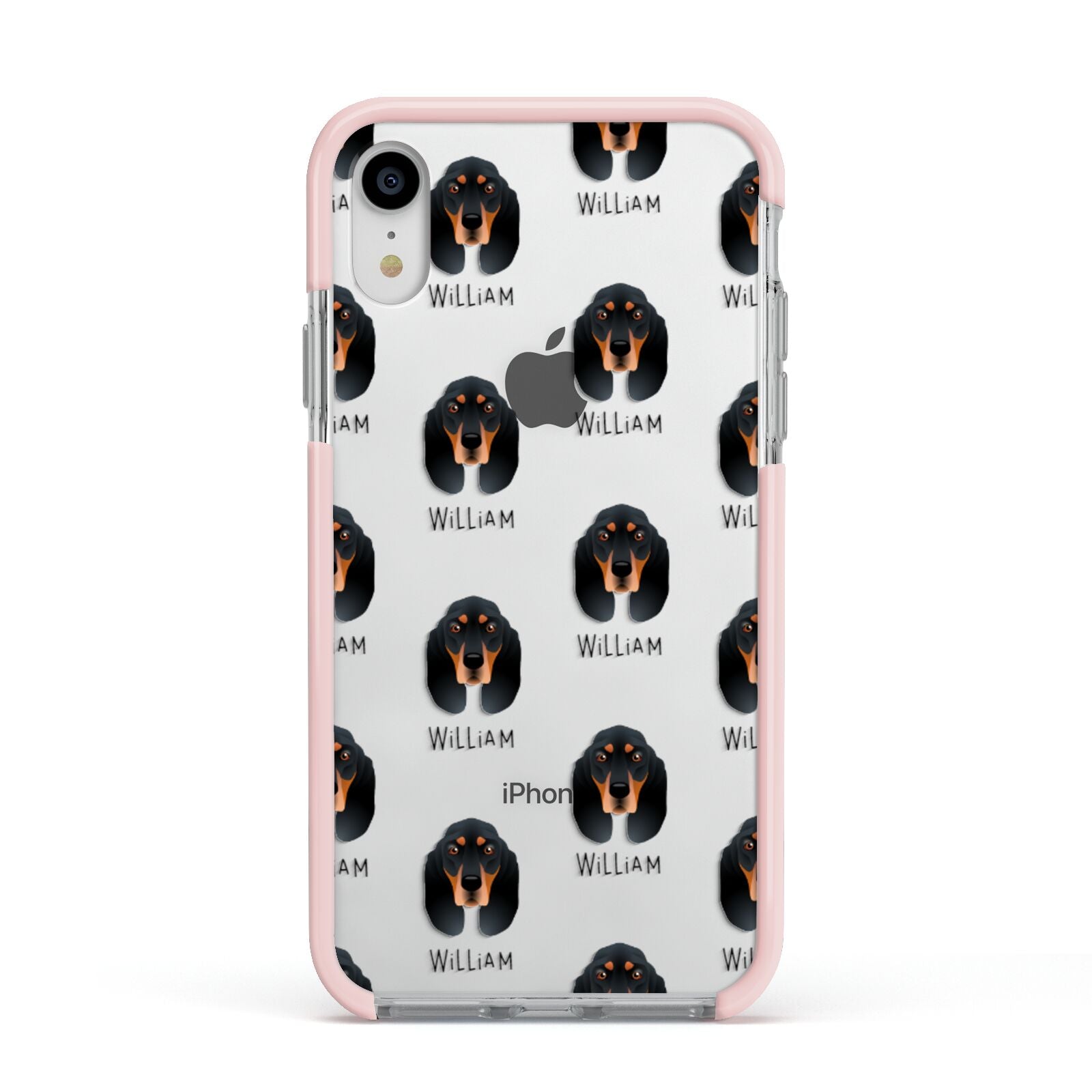 Black and Tan Coonhound Icon with Name Apple iPhone XR Impact Case Pink Edge on Silver Phone