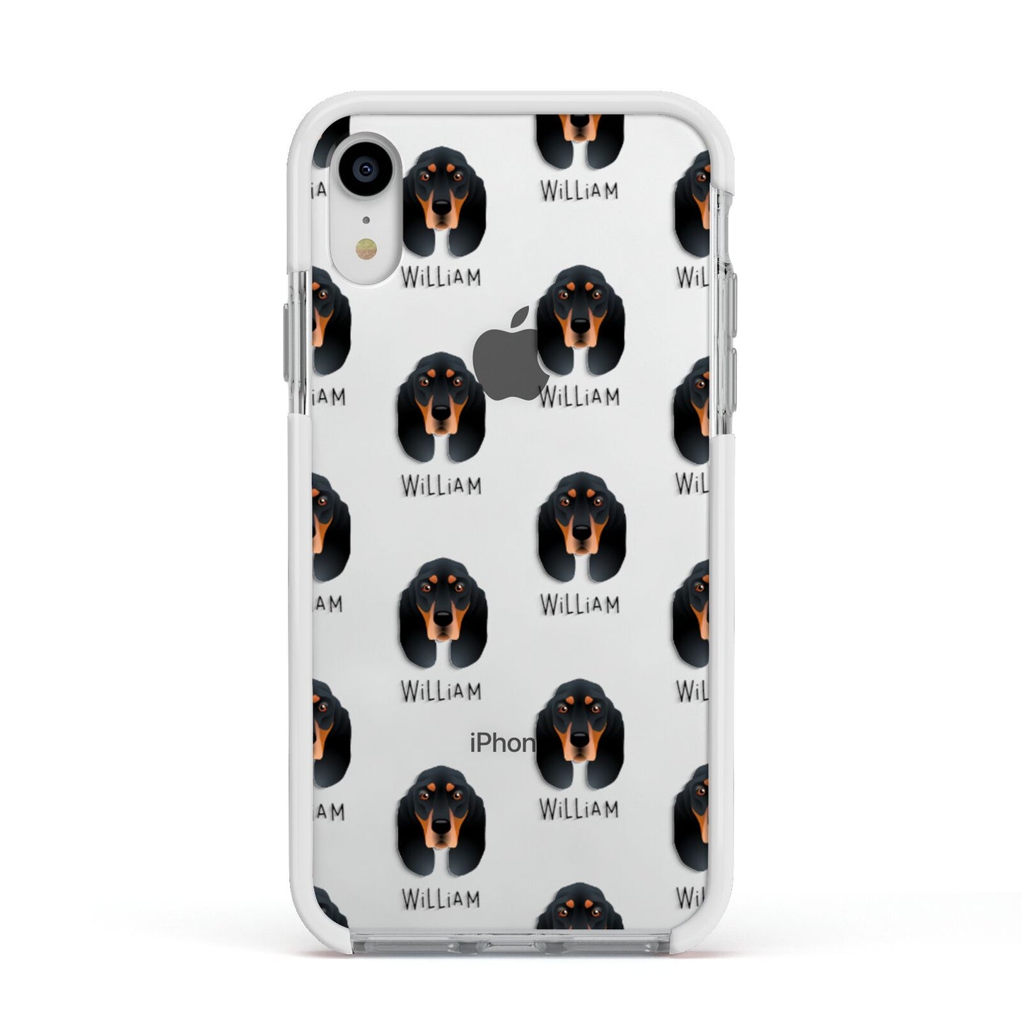Black and Tan Coonhound Icon with Name Apple iPhone XR Impact Case White Edge on Silver Phone