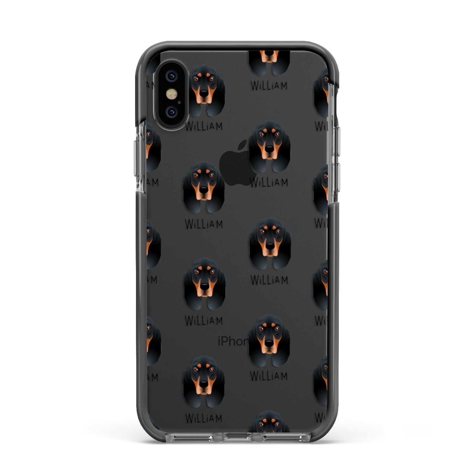 Black and Tan Coonhound Icon with Name Apple iPhone Xs Impact Case Black Edge on Black Phone