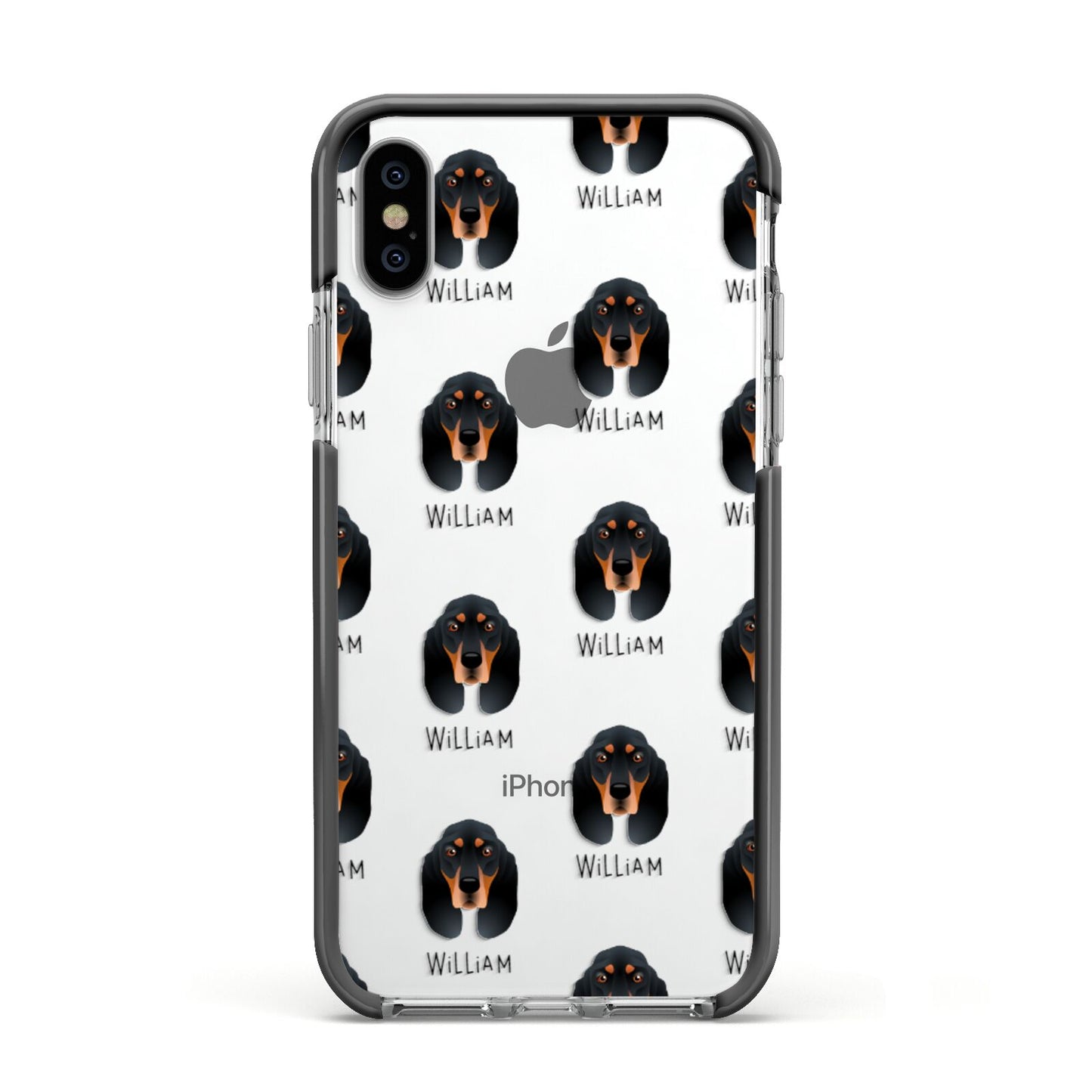 Black and Tan Coonhound Icon with Name Apple iPhone Xs Impact Case Black Edge on Silver Phone