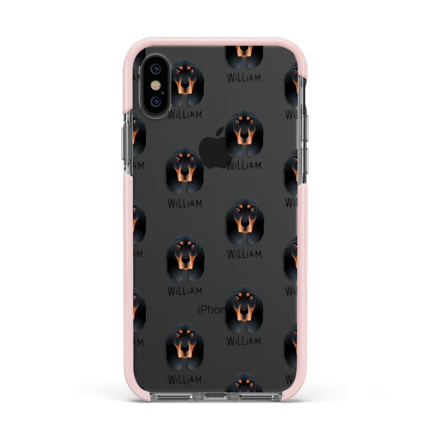 Black and Tan Coonhound Icon with Name Apple iPhone Xs Impact Case Pink Edge on Black Phone