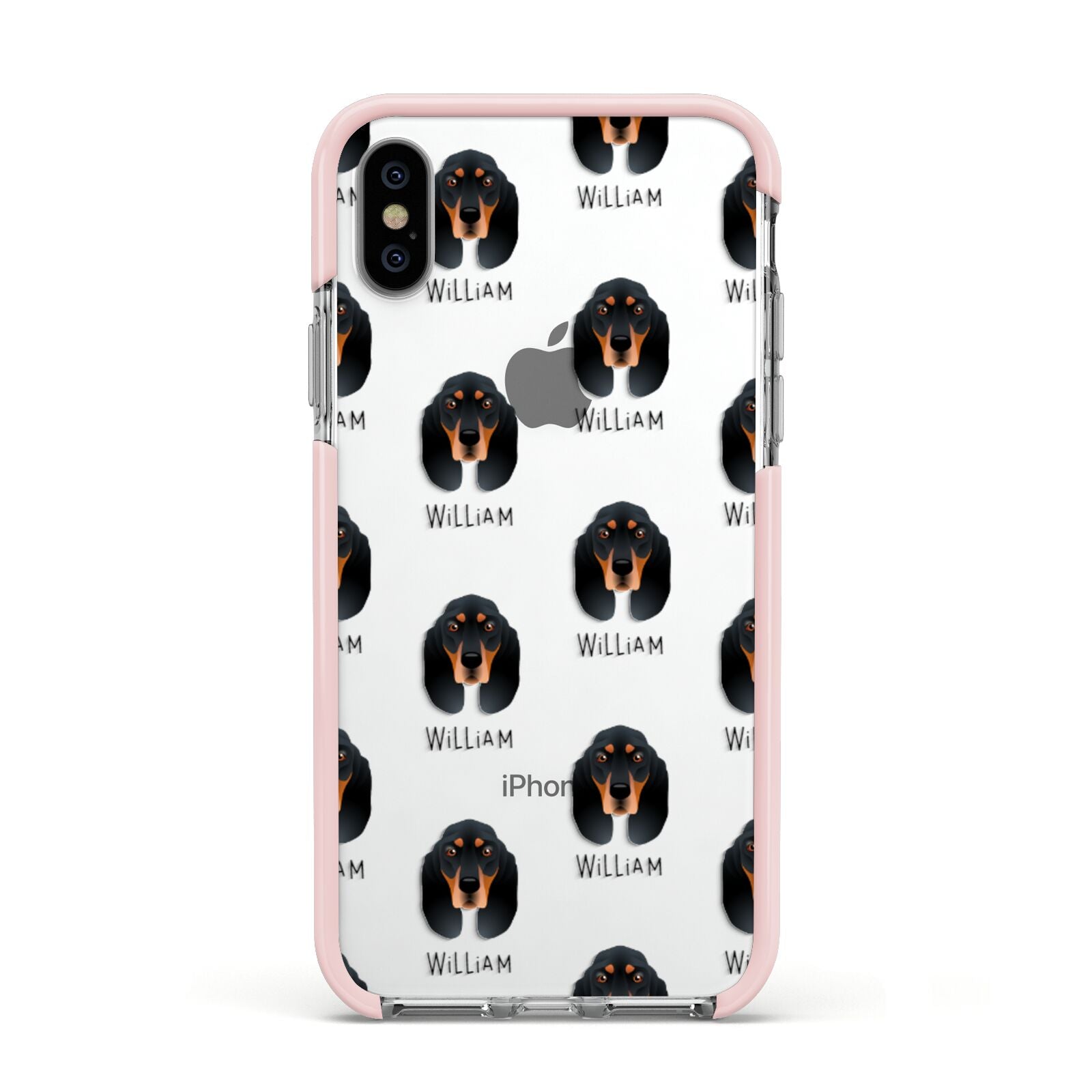 Black and Tan Coonhound Icon with Name Apple iPhone Xs Impact Case Pink Edge on Silver Phone