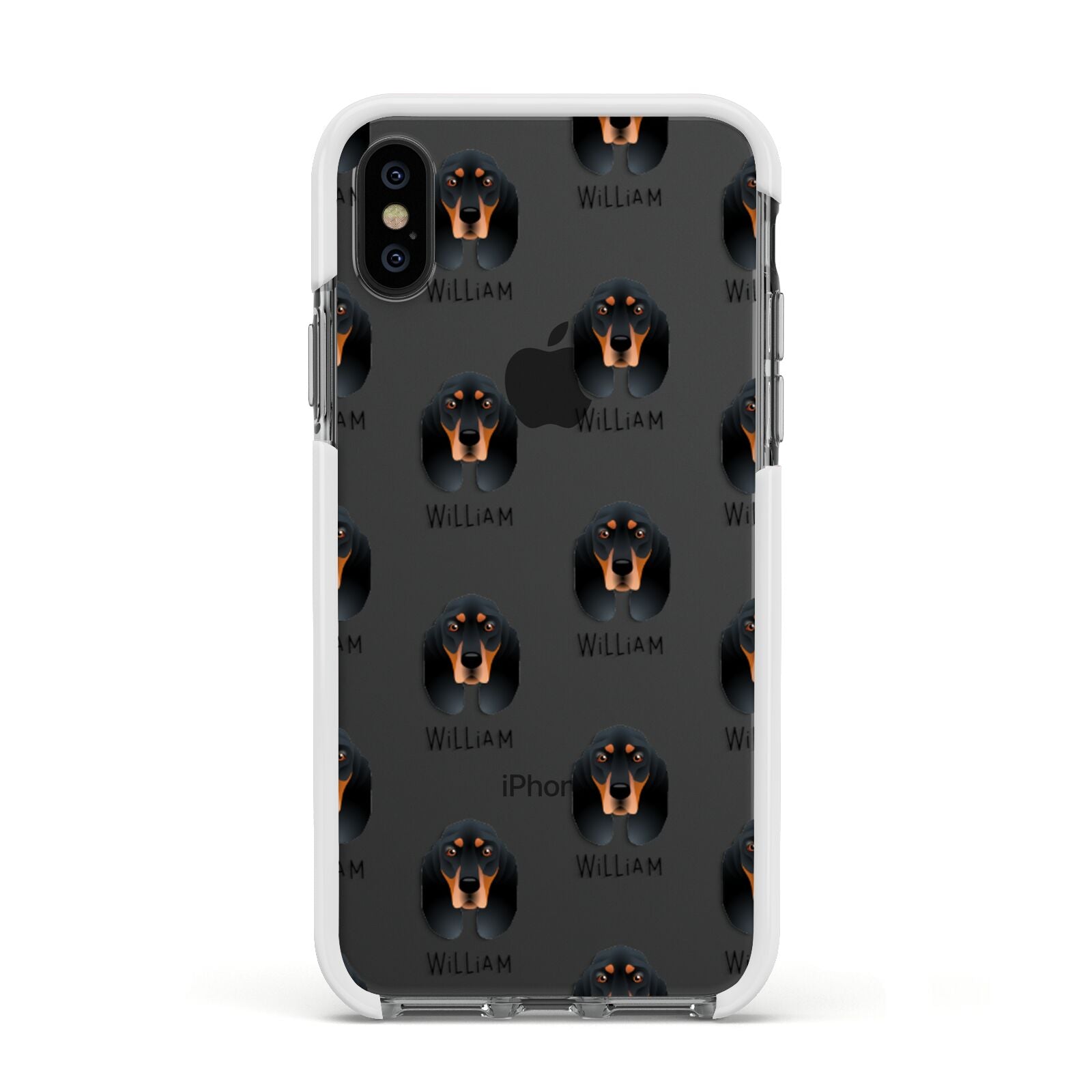 Black and Tan Coonhound Icon with Name Apple iPhone Xs Impact Case White Edge on Black Phone