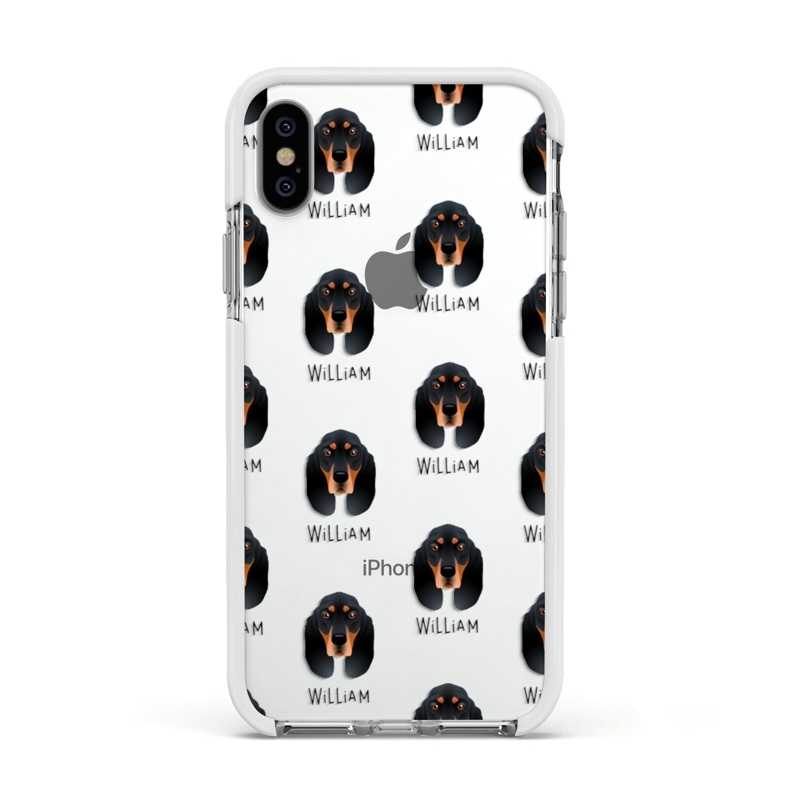 Black and Tan Coonhound Icon with Name Apple iPhone Xs Impact Case White Edge on Silver Phone