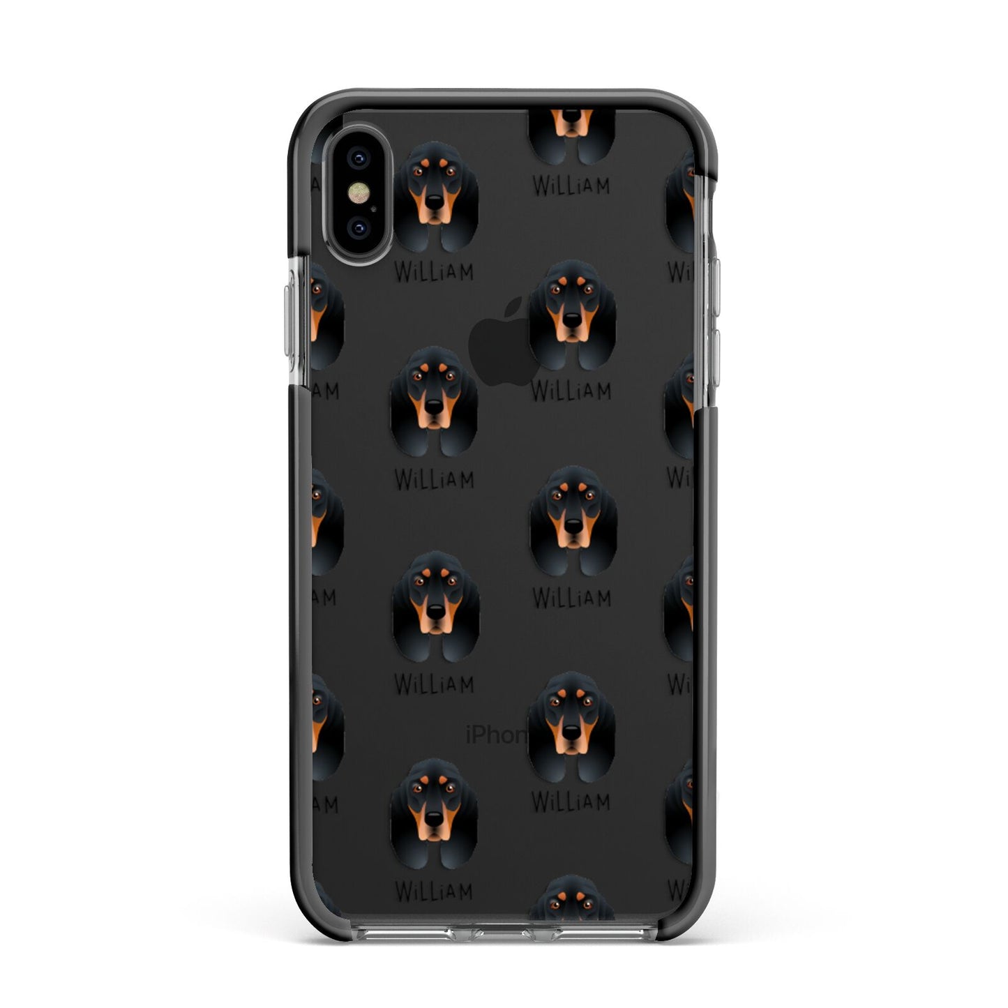 Black and Tan Coonhound Icon with Name Apple iPhone Xs Max Impact Case Black Edge on Black Phone