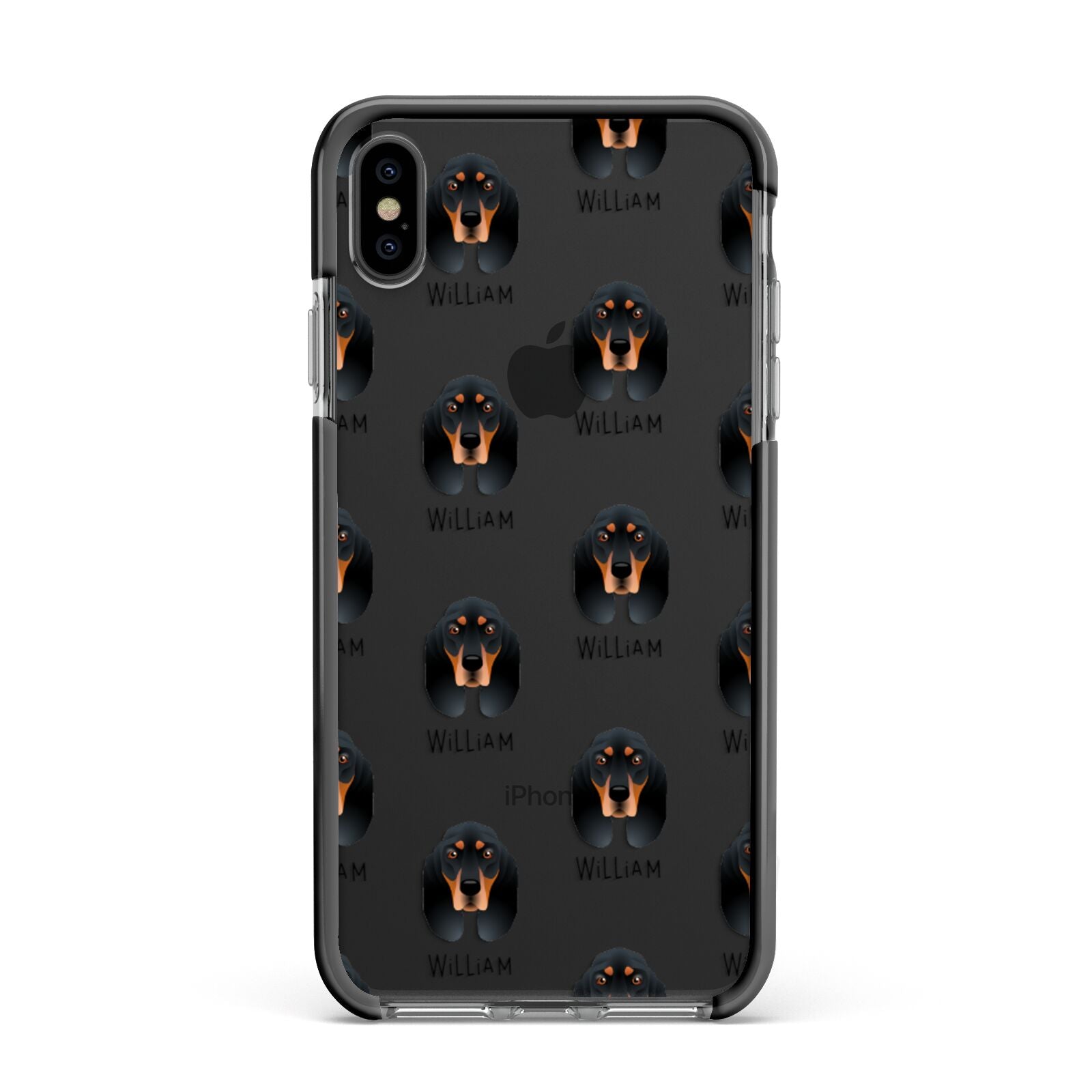 Black and Tan Coonhound Icon with Name Apple iPhone Xs Max Impact Case Black Edge on Black Phone