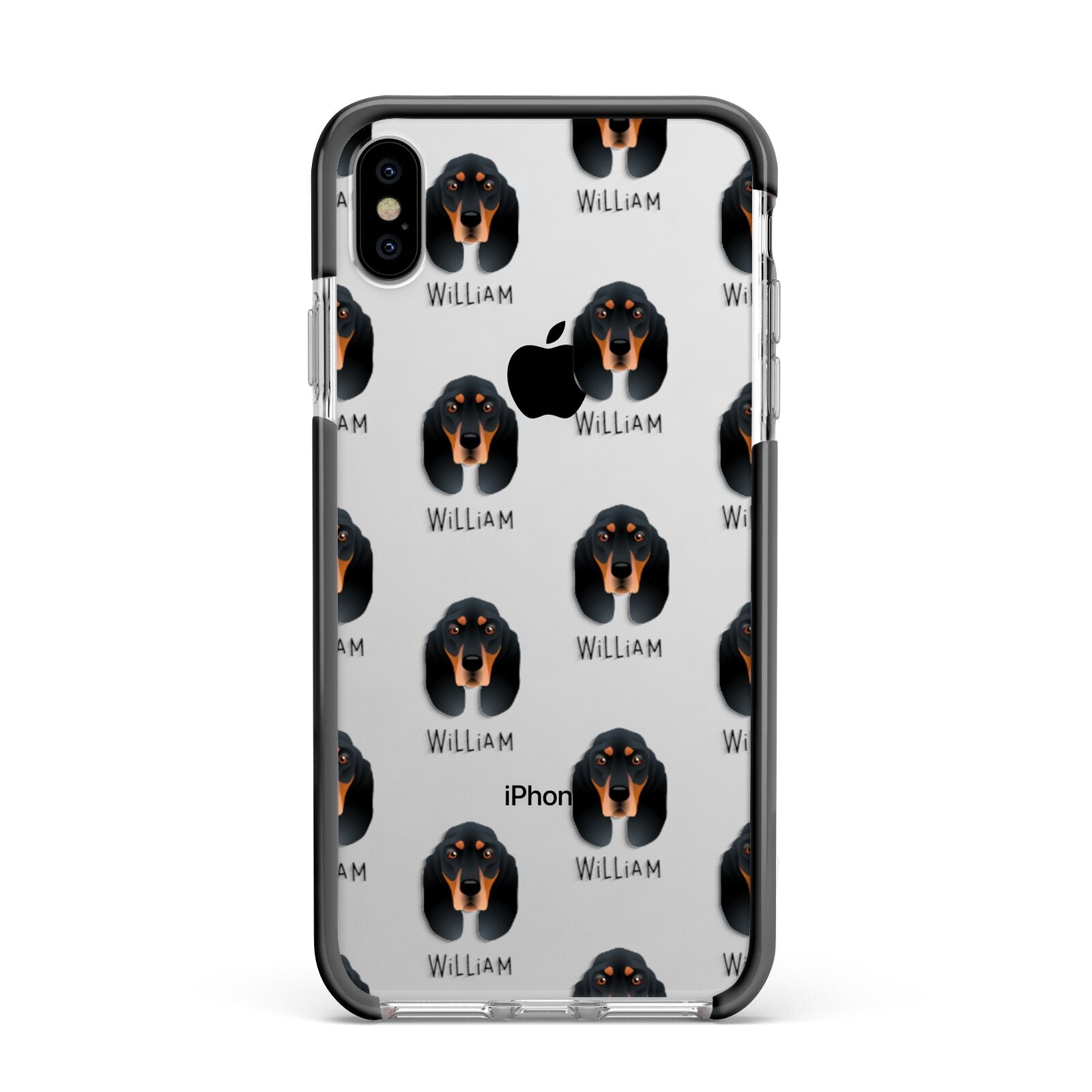 Black and Tan Coonhound Icon with Name Apple iPhone Xs Max Impact Case Black Edge on Silver Phone