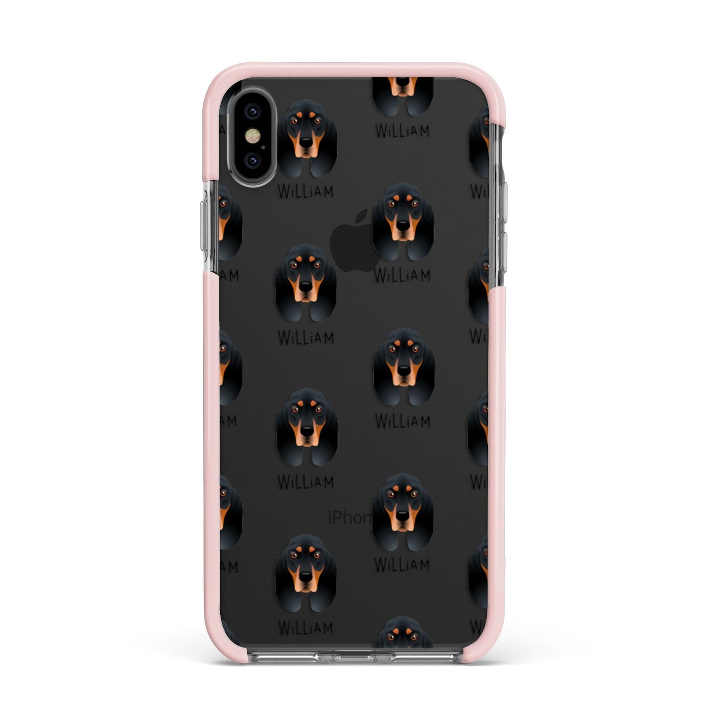 Black and Tan Coonhound Icon with Name Apple iPhone Xs Max Impact Case Pink Edge on Black Phone
