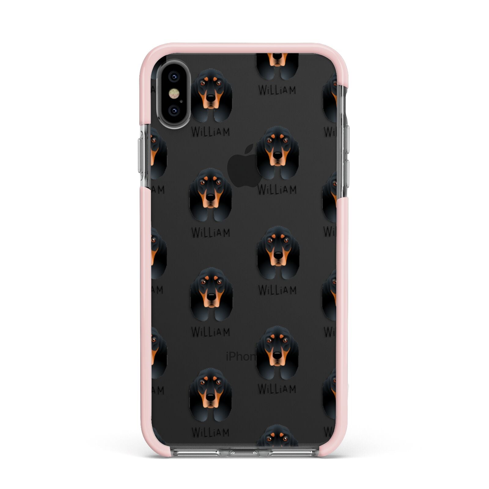 Black and Tan Coonhound Icon with Name Apple iPhone Xs Max Impact Case Pink Edge on Black Phone