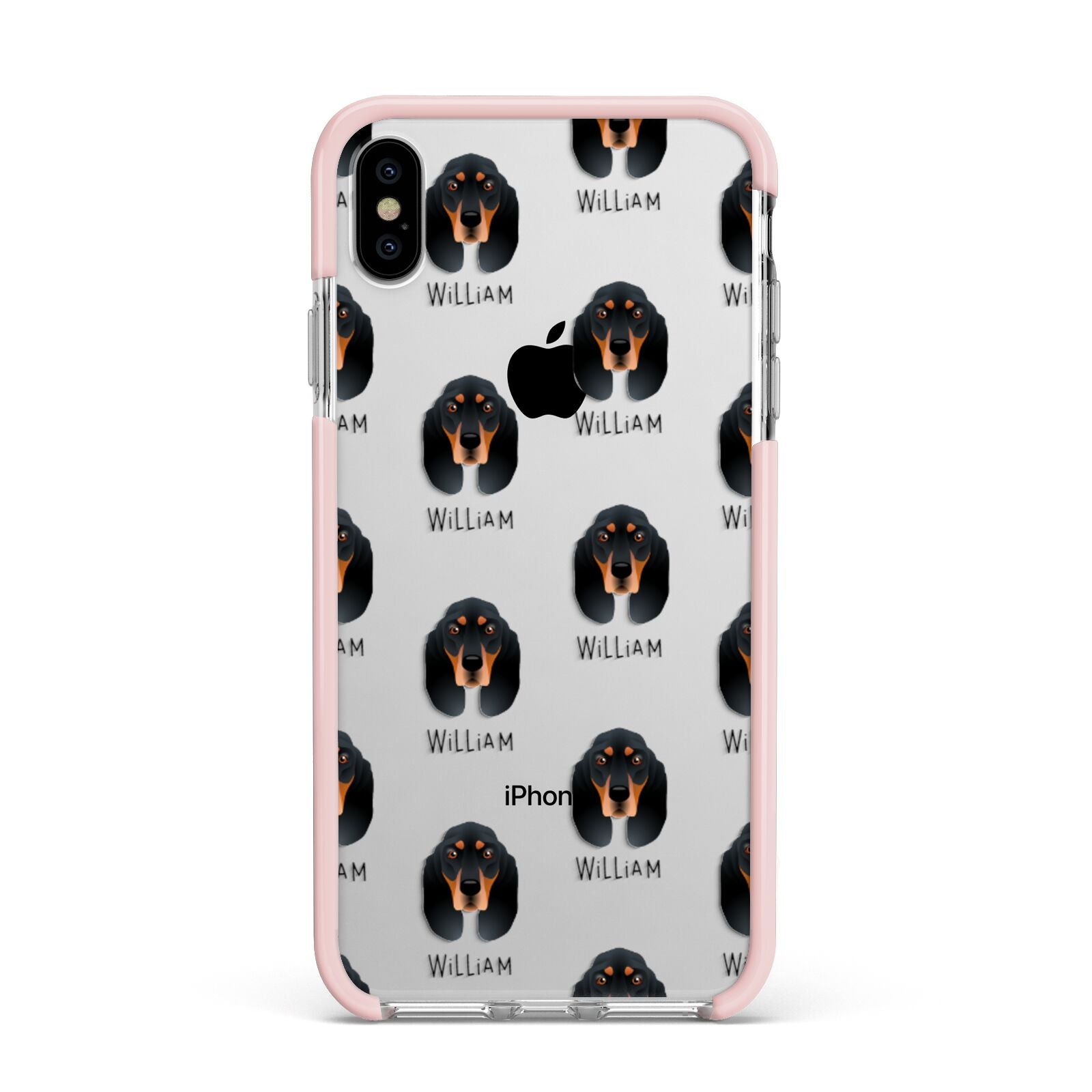Black and Tan Coonhound Icon with Name Apple iPhone Xs Max Impact Case Pink Edge on Silver Phone