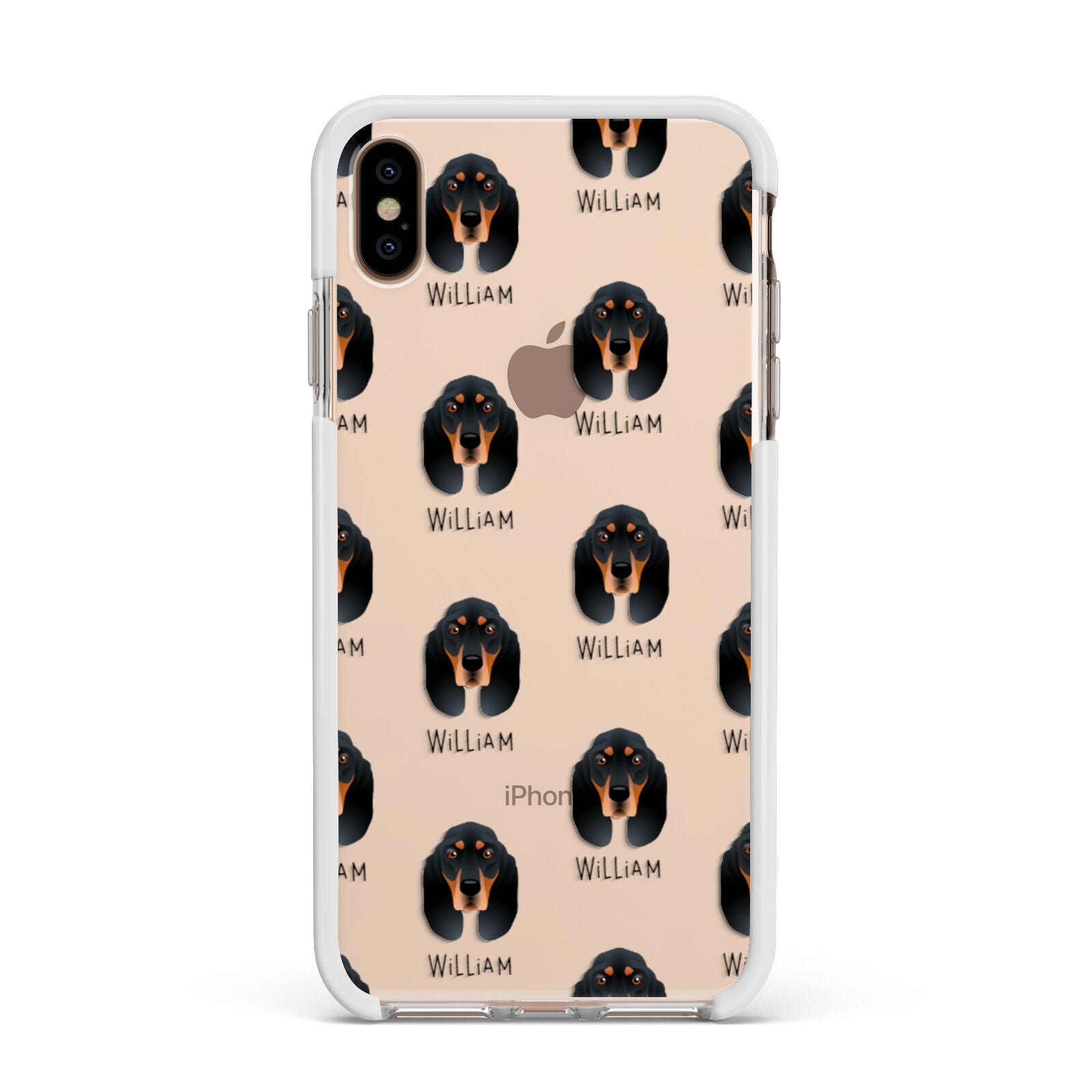 Black and Tan Coonhound Icon with Name Apple iPhone Xs Max Impact Case White Edge on Gold Phone