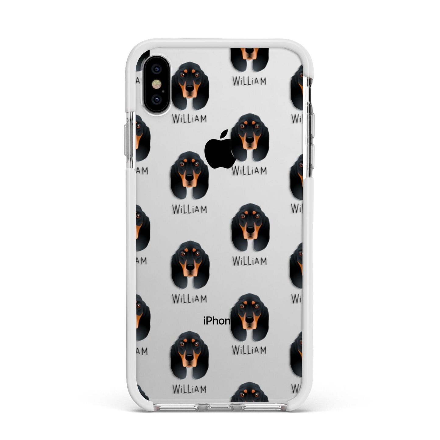 Black and Tan Coonhound Icon with Name Apple iPhone Xs Max Impact Case White Edge on Silver Phone