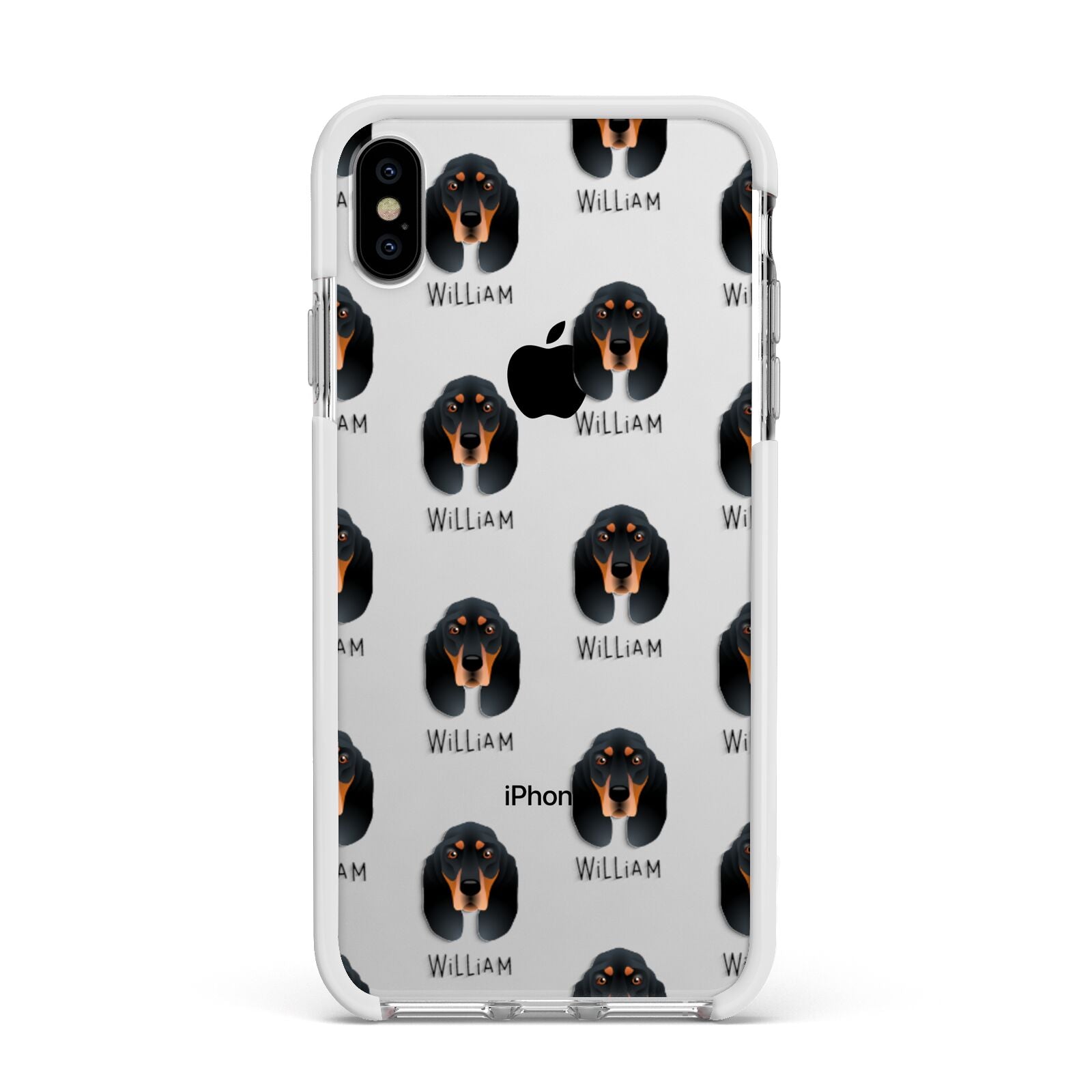 Black and Tan Coonhound Icon with Name Apple iPhone Xs Max Impact Case White Edge on Silver Phone