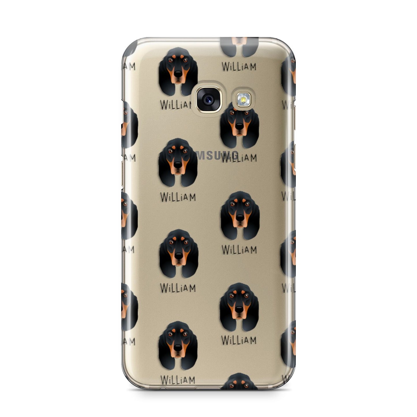 Black and Tan Coonhound Icon with Name Samsung Galaxy A3 2017 Case on gold phone
