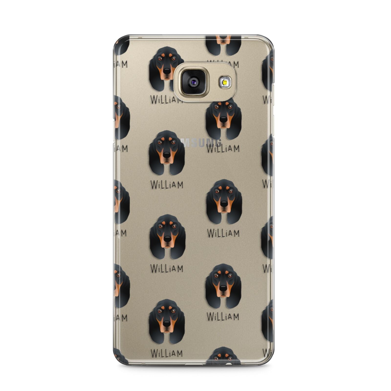 Black and Tan Coonhound Icon with Name Samsung Galaxy A5 2016 Case on gold phone