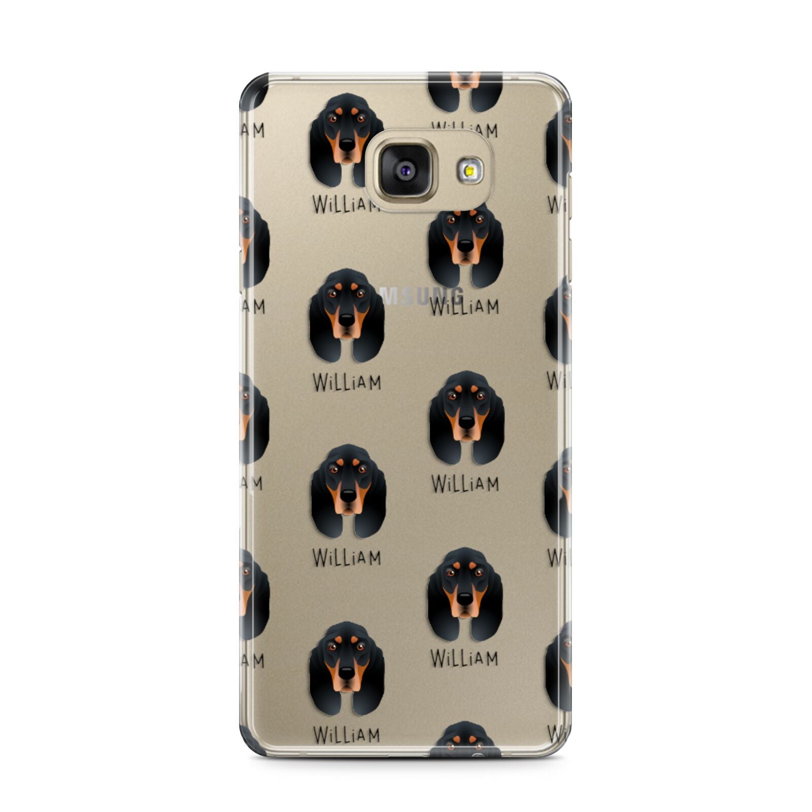 Black and Tan Coonhound Icon with Name Samsung Galaxy A7 2016 Case on gold phone