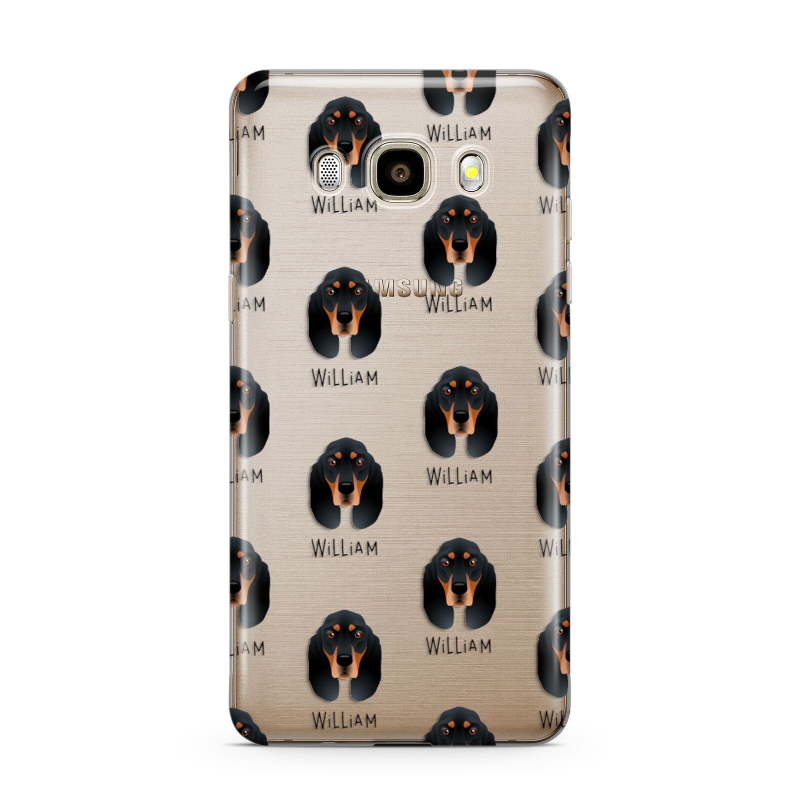 Black and Tan Coonhound Icon with Name Samsung Galaxy J7 2016 Case on gold phone