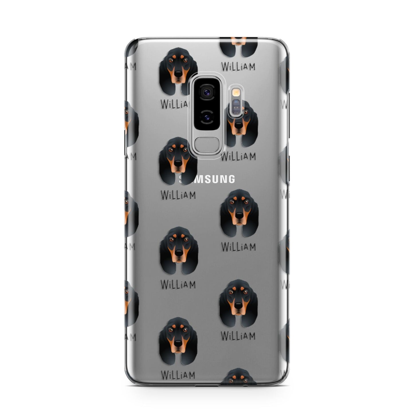 Black and Tan Coonhound Icon with Name Samsung Galaxy S9 Plus Case on Silver phone