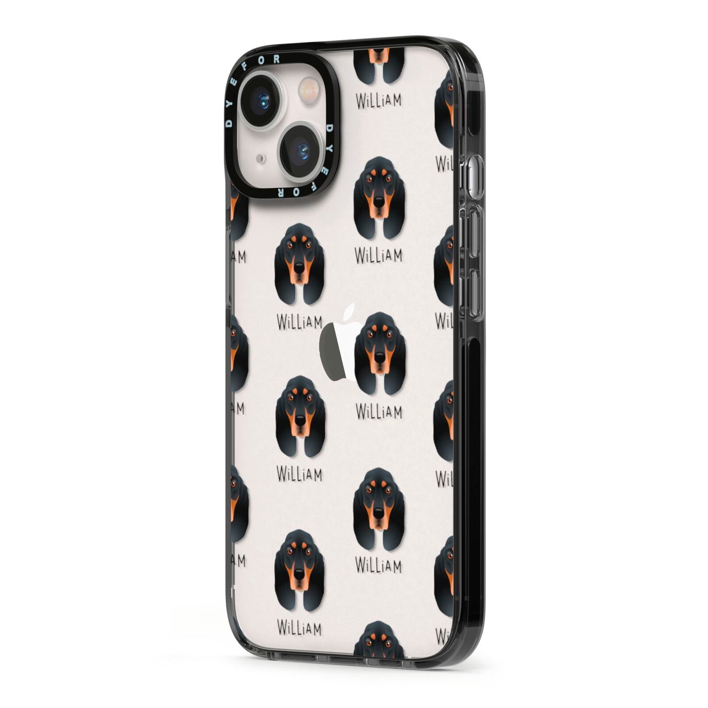 Black and Tan Coonhound Icon with Name iPhone 13 Black Impact Case Side Angle on Silver phone