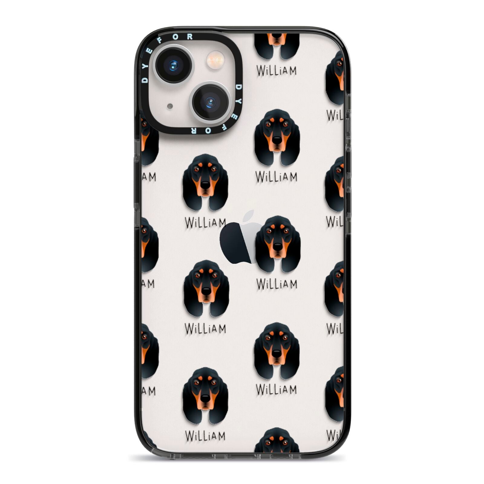 Black and Tan Coonhound Icon with Name iPhone 13 Black Impact Case on Silver phone