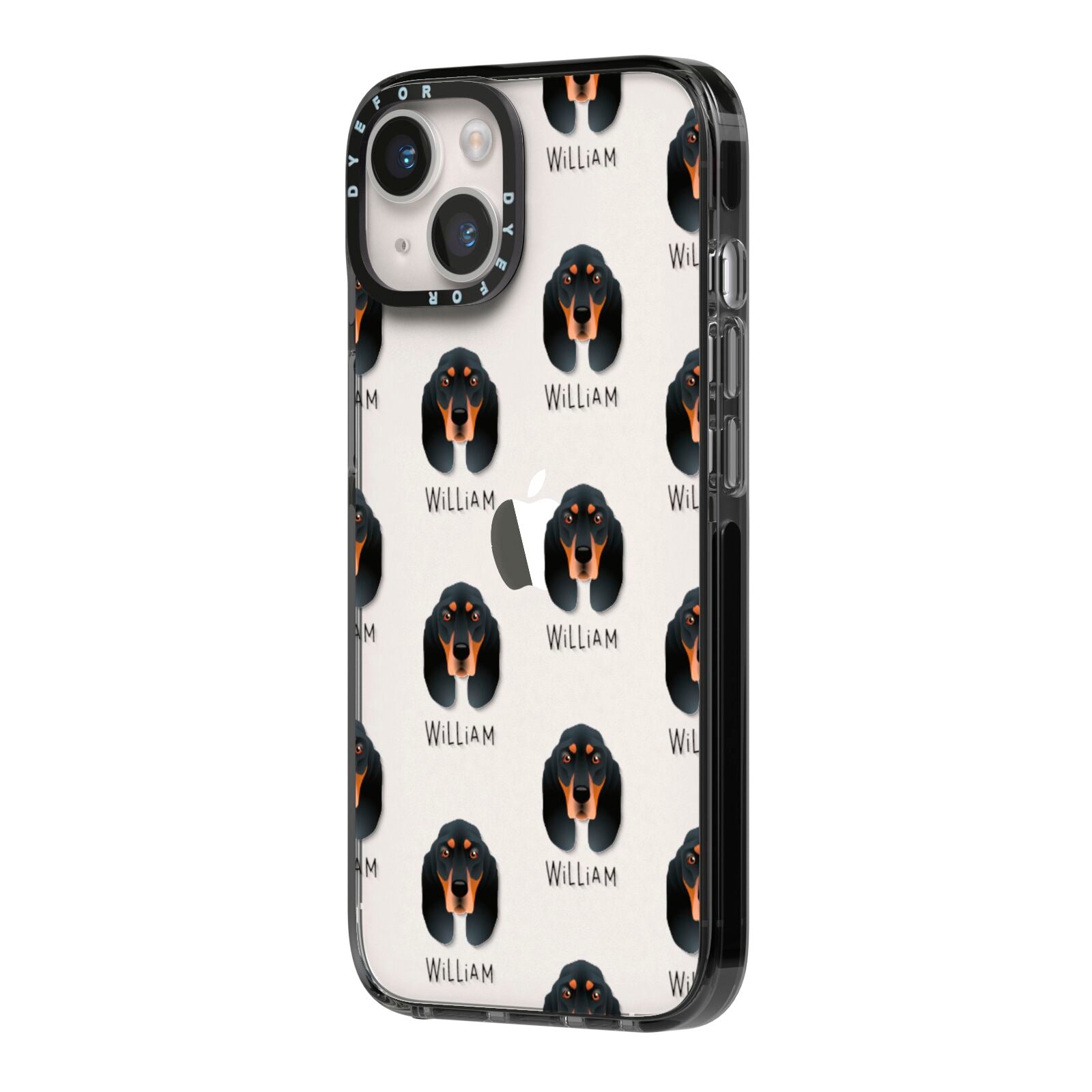 Black and Tan Coonhound Icon with Name iPhone 14 Black Impact Case Side Angle on Silver phone