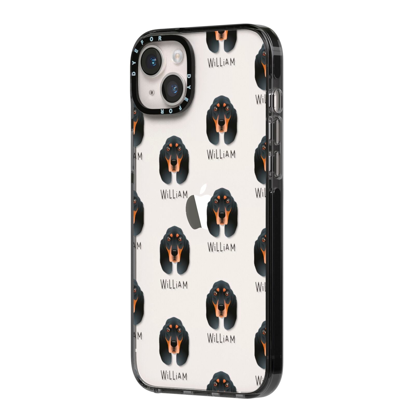 Black and Tan Coonhound Icon with Name iPhone 14 Plus Black Impact Case Side Angle on Silver phone