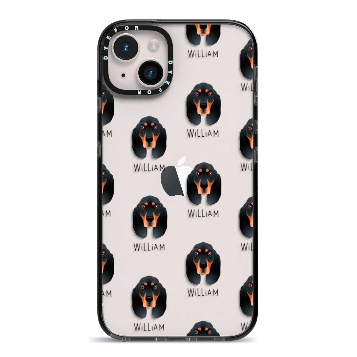 Black and Tan Coonhound Icon with Name iPhone 14 Plus Black Impact Case on Silver phone