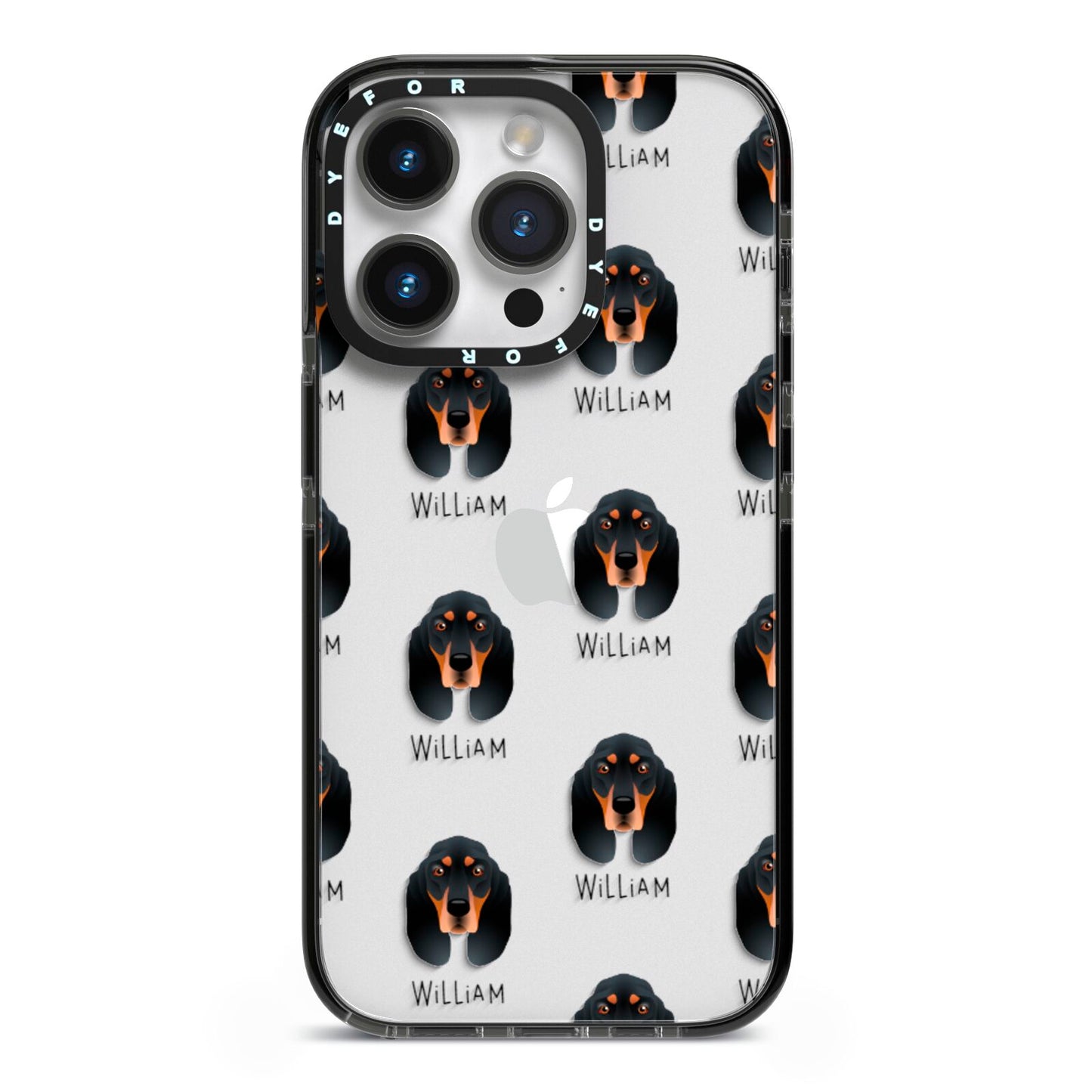 Black and Tan Coonhound Icon with Name iPhone 14 Pro Black Impact Case on Silver phone