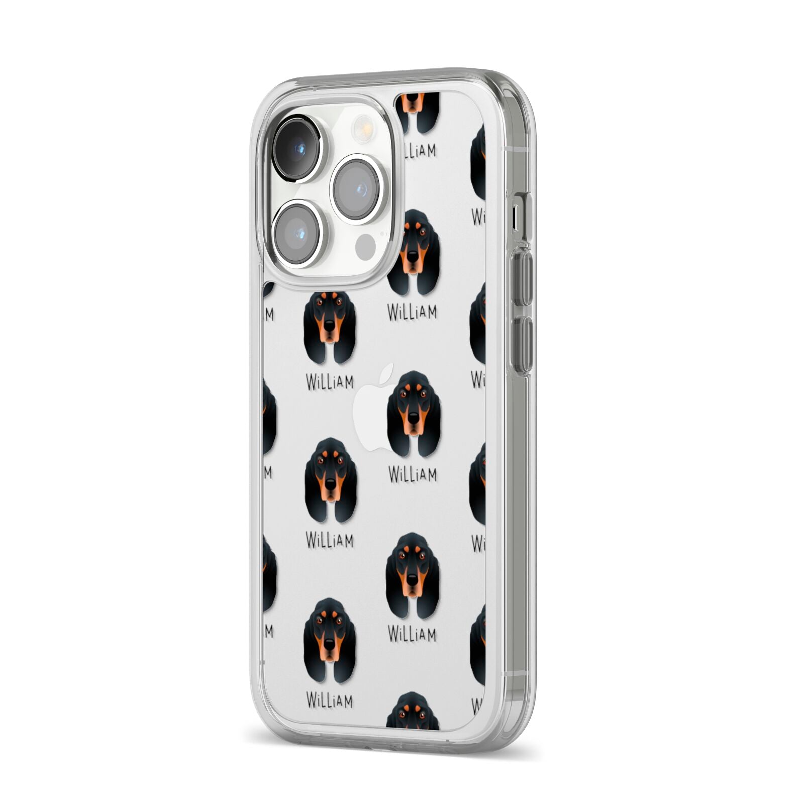 Black and Tan Coonhound Icon with Name iPhone 14 Pro Clear Tough Case Silver Angled Image