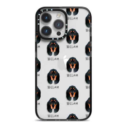 Black and Tan Coonhound Icon with Name iPhone 14 Pro Max Black Impact Case on Silver phone