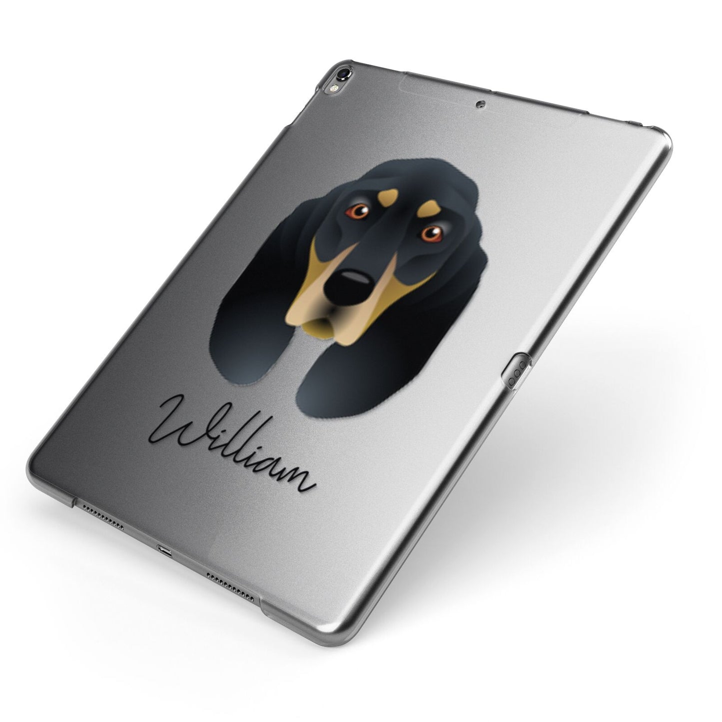 Black and Tan Coonhound Personalised Apple iPad Case on Grey iPad Side View