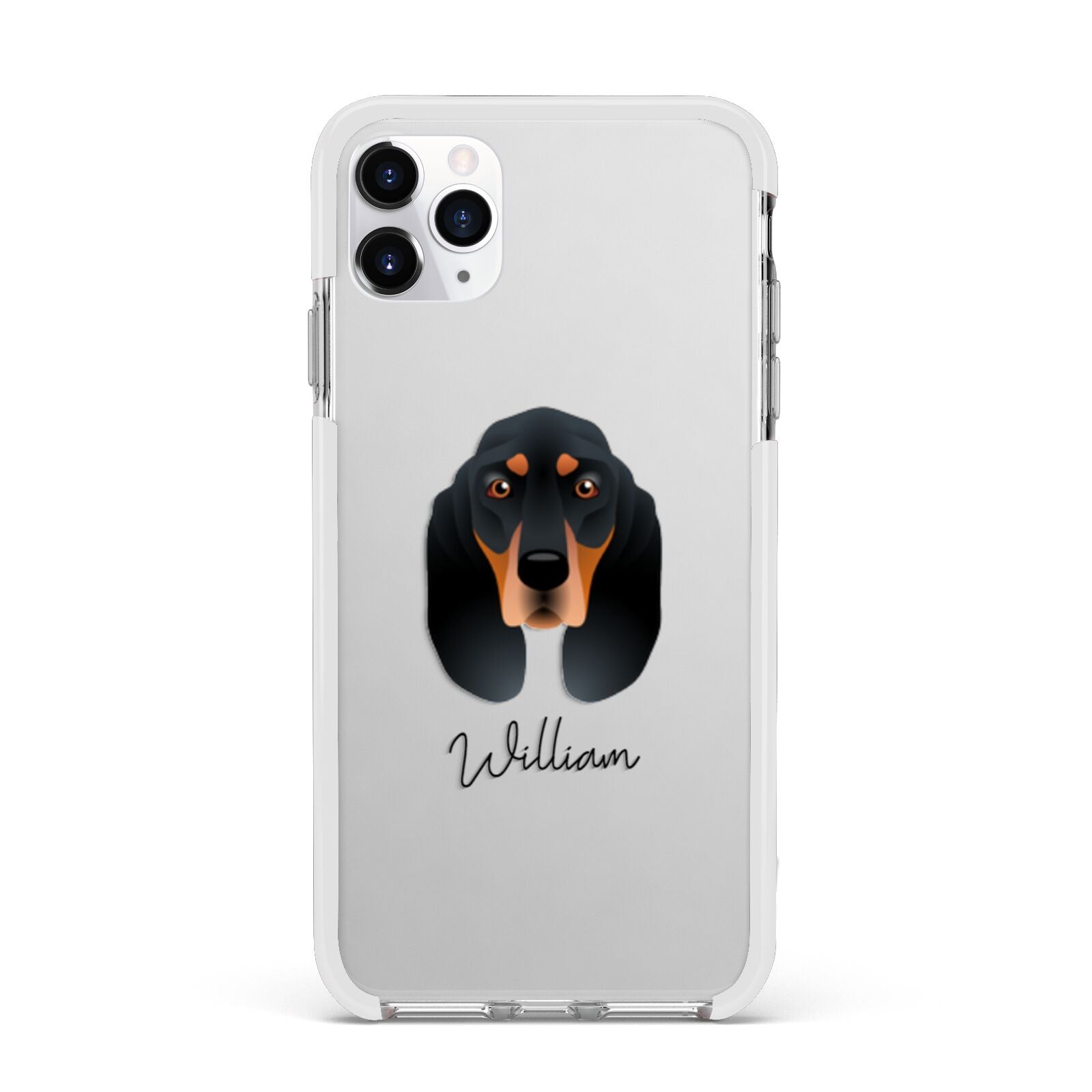 Black and Tan Coonhound Personalised Apple iPhone 11 Pro Max in Silver with White Impact Case