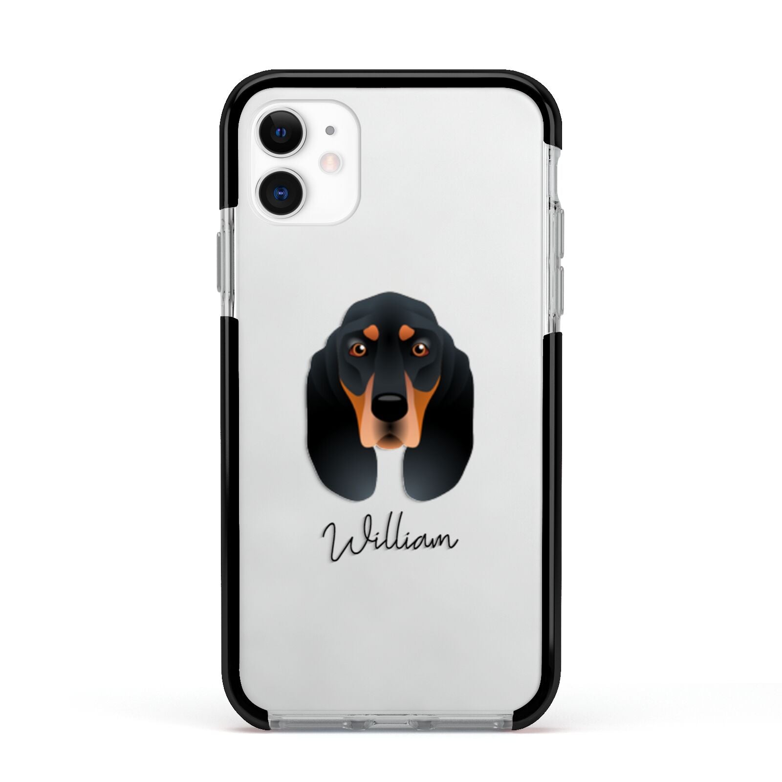 Black and Tan Coonhound Personalised Apple iPhone 11 in White with Black Impact Case