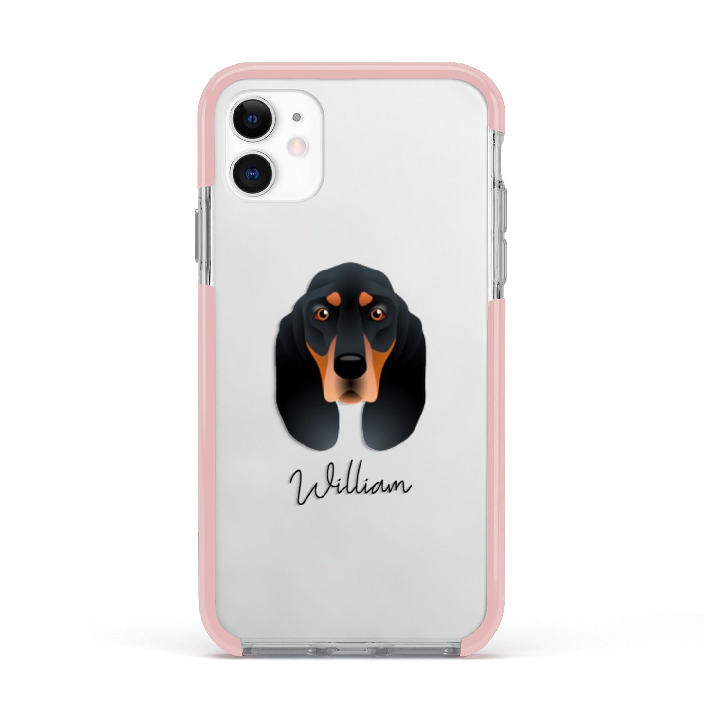 Black and Tan Coonhound Personalised Apple iPhone 11 in White with Pink Impact Case