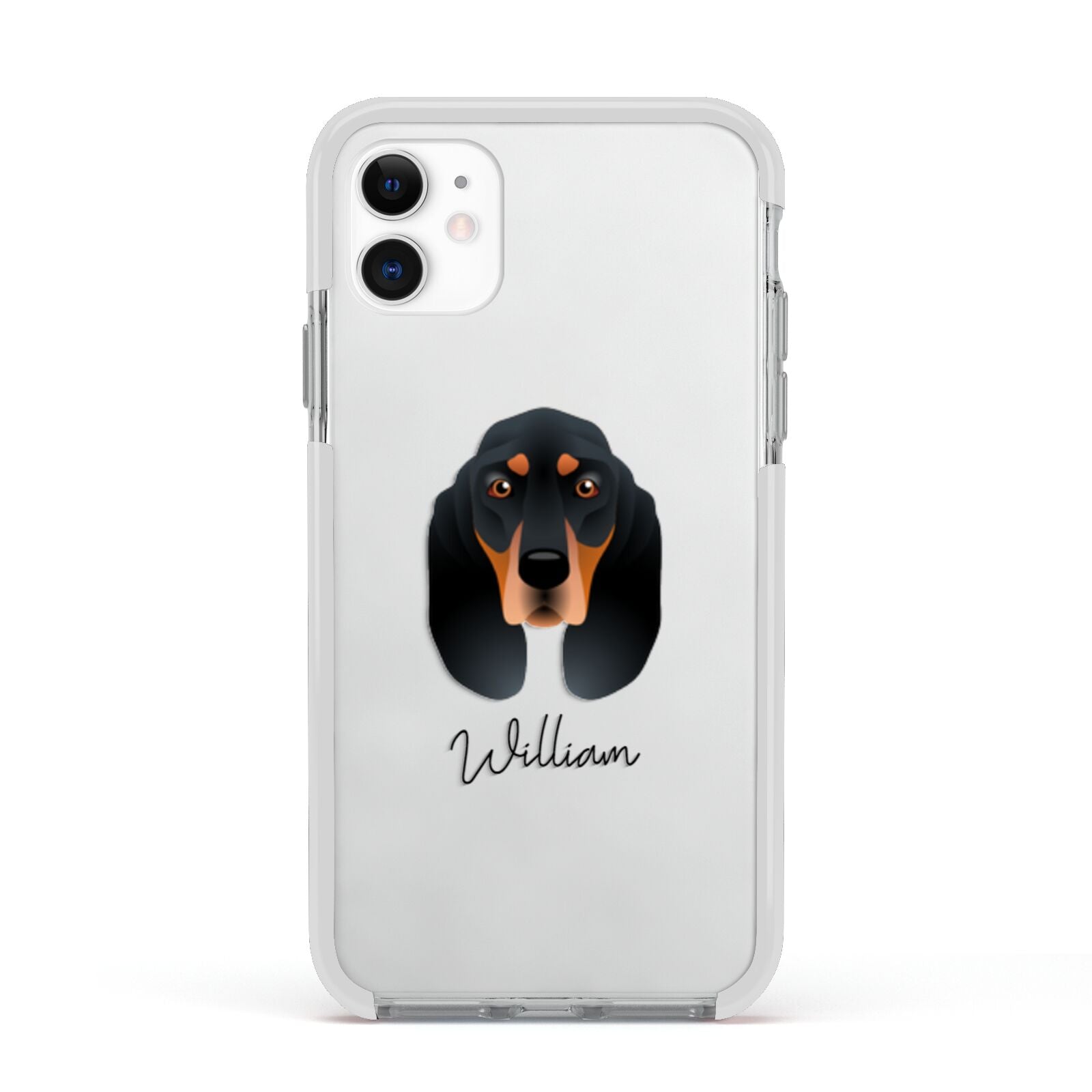 Black and Tan Coonhound Personalised Apple iPhone 11 in White with White Impact Case
