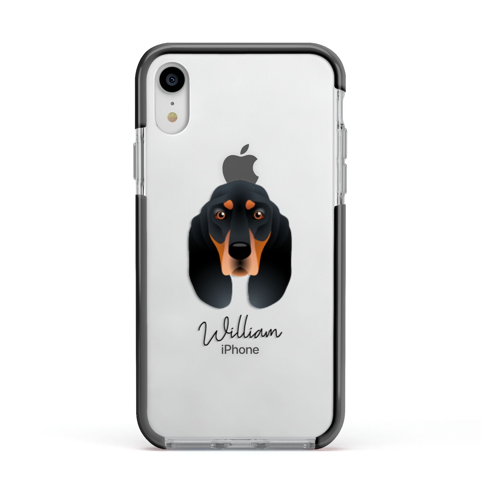 Black and Tan Coonhound Personalised Apple iPhone XR Impact Case Black Edge on Silver Phone