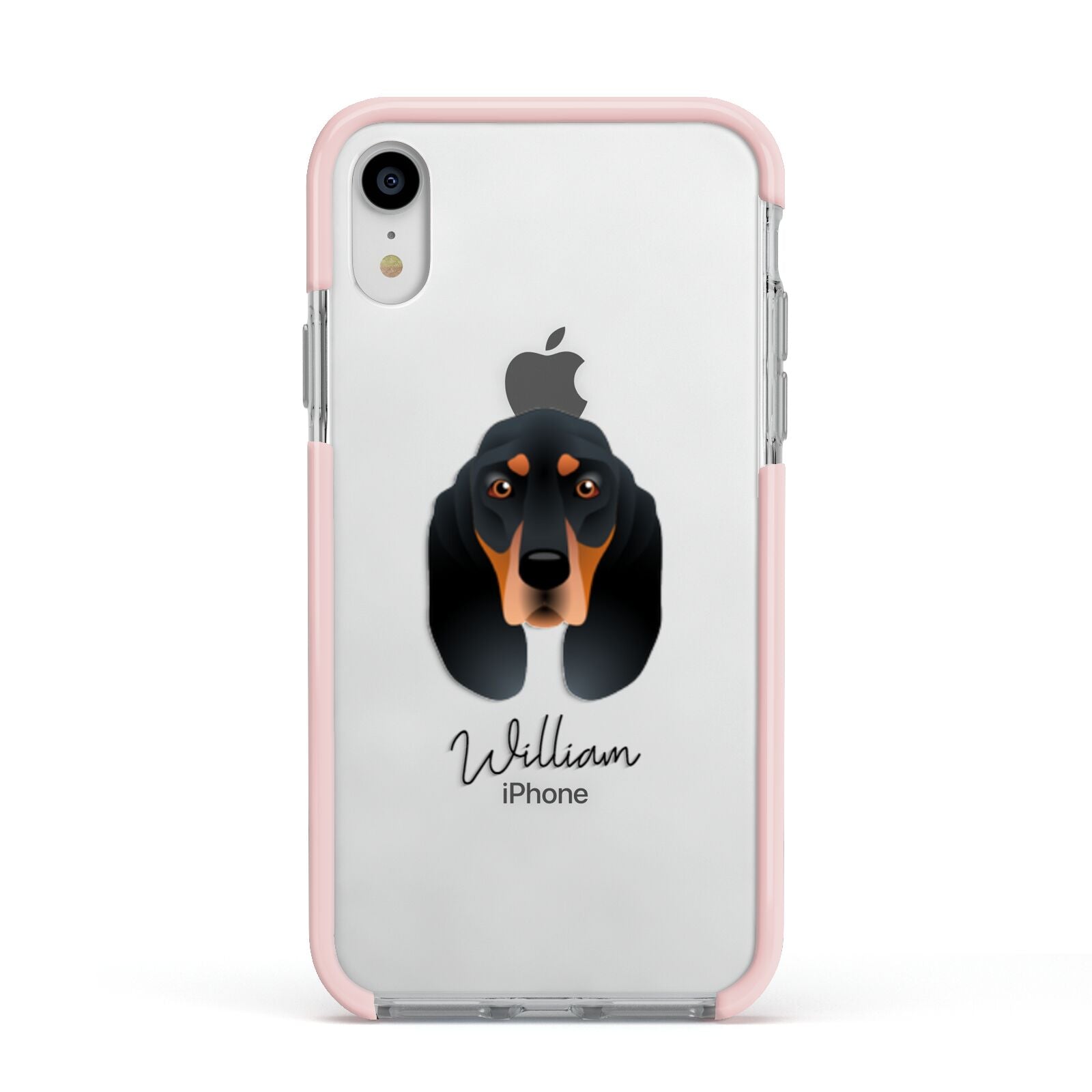 Black and Tan Coonhound Personalised Apple iPhone XR Impact Case Pink Edge on Silver Phone