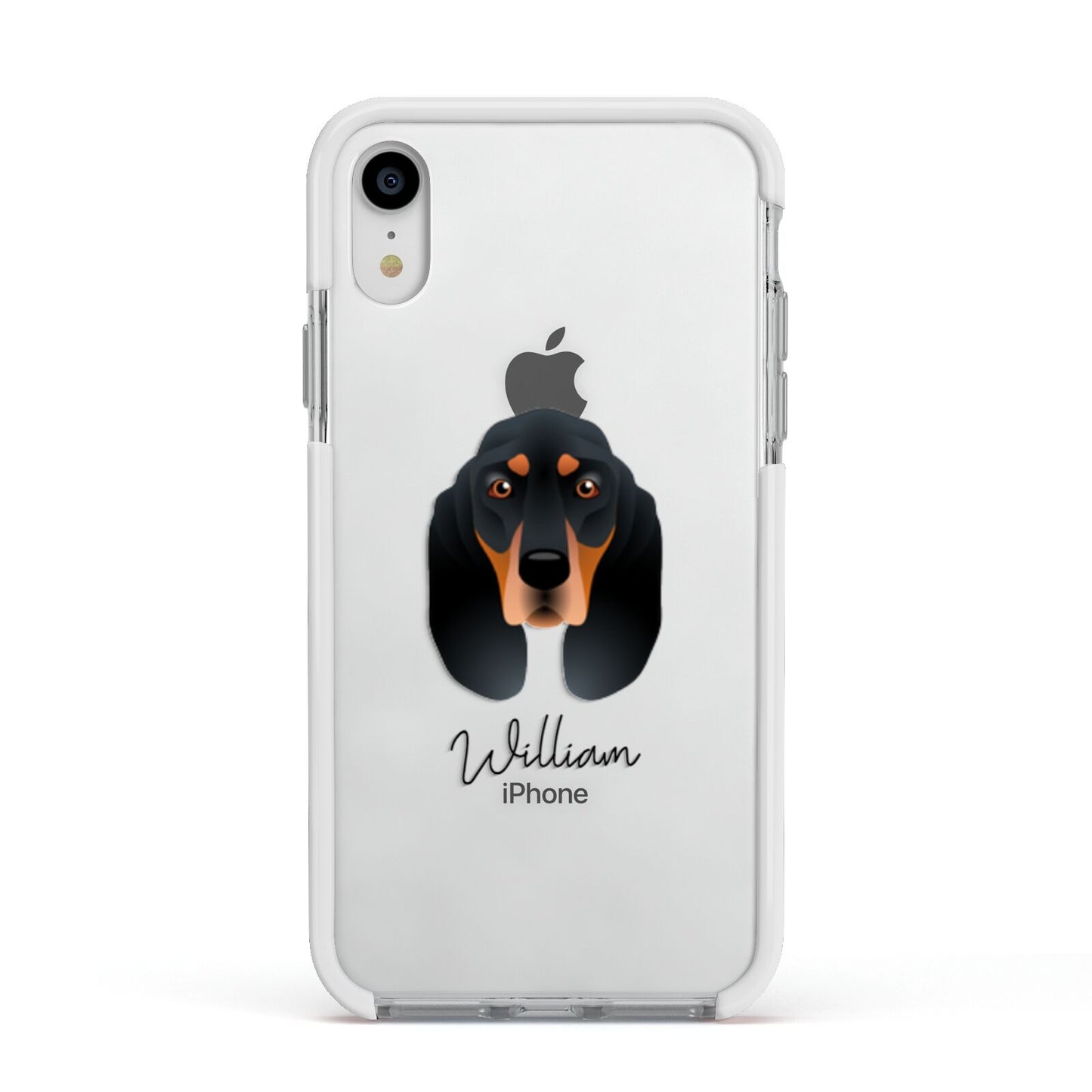 Black and Tan Coonhound Personalised Apple iPhone XR Impact Case White Edge on Silver Phone