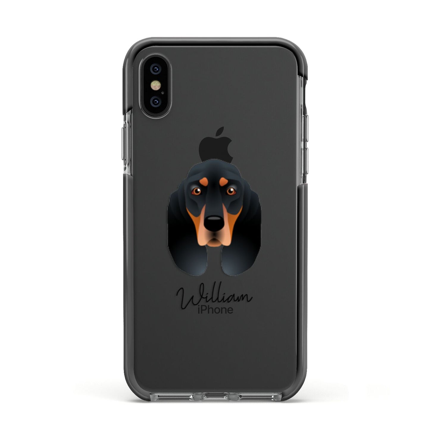 Black and Tan Coonhound Personalised Apple iPhone Xs Impact Case Black Edge on Black Phone