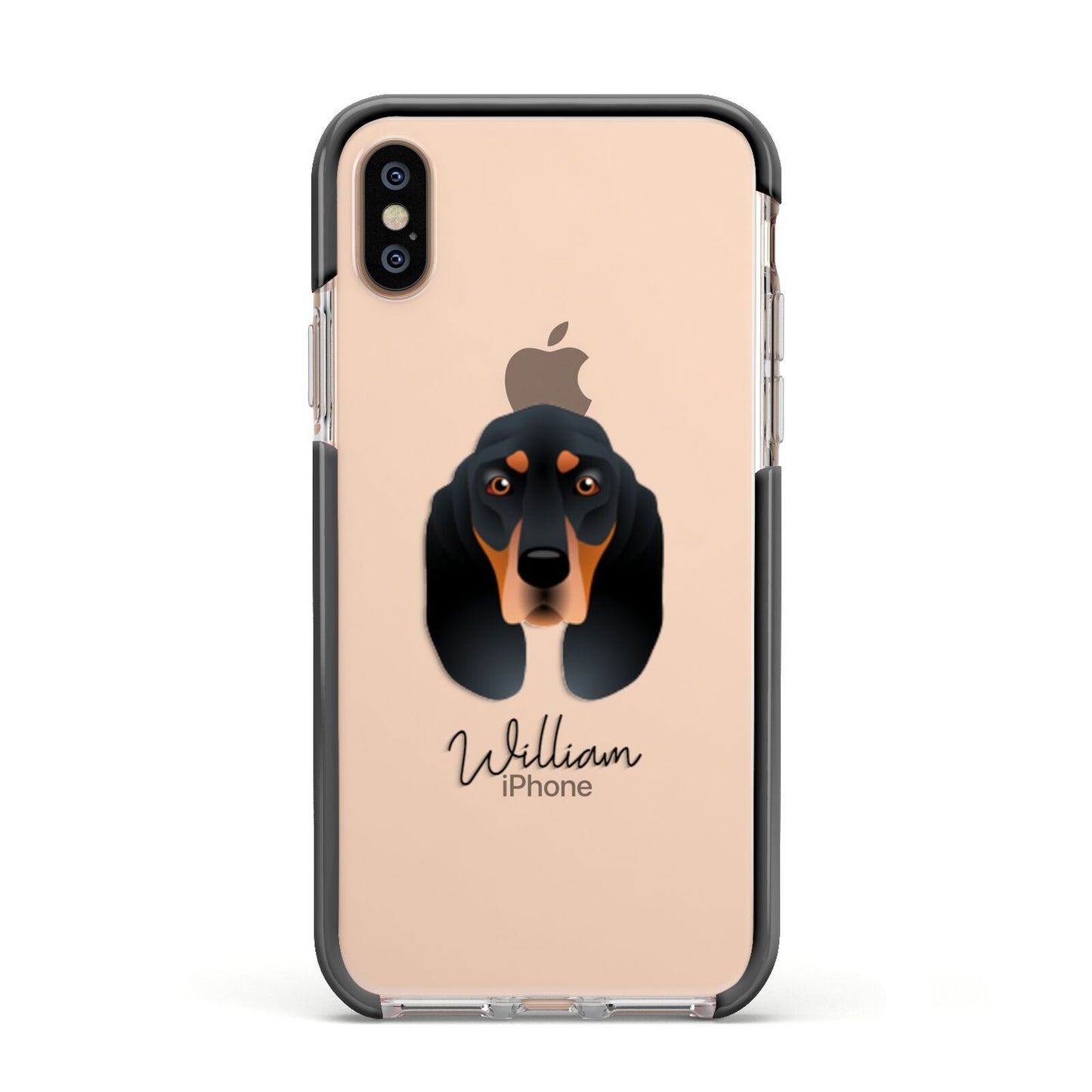 Black and Tan Coonhound Personalised Apple iPhone Xs Impact Case Black Edge on Gold Phone