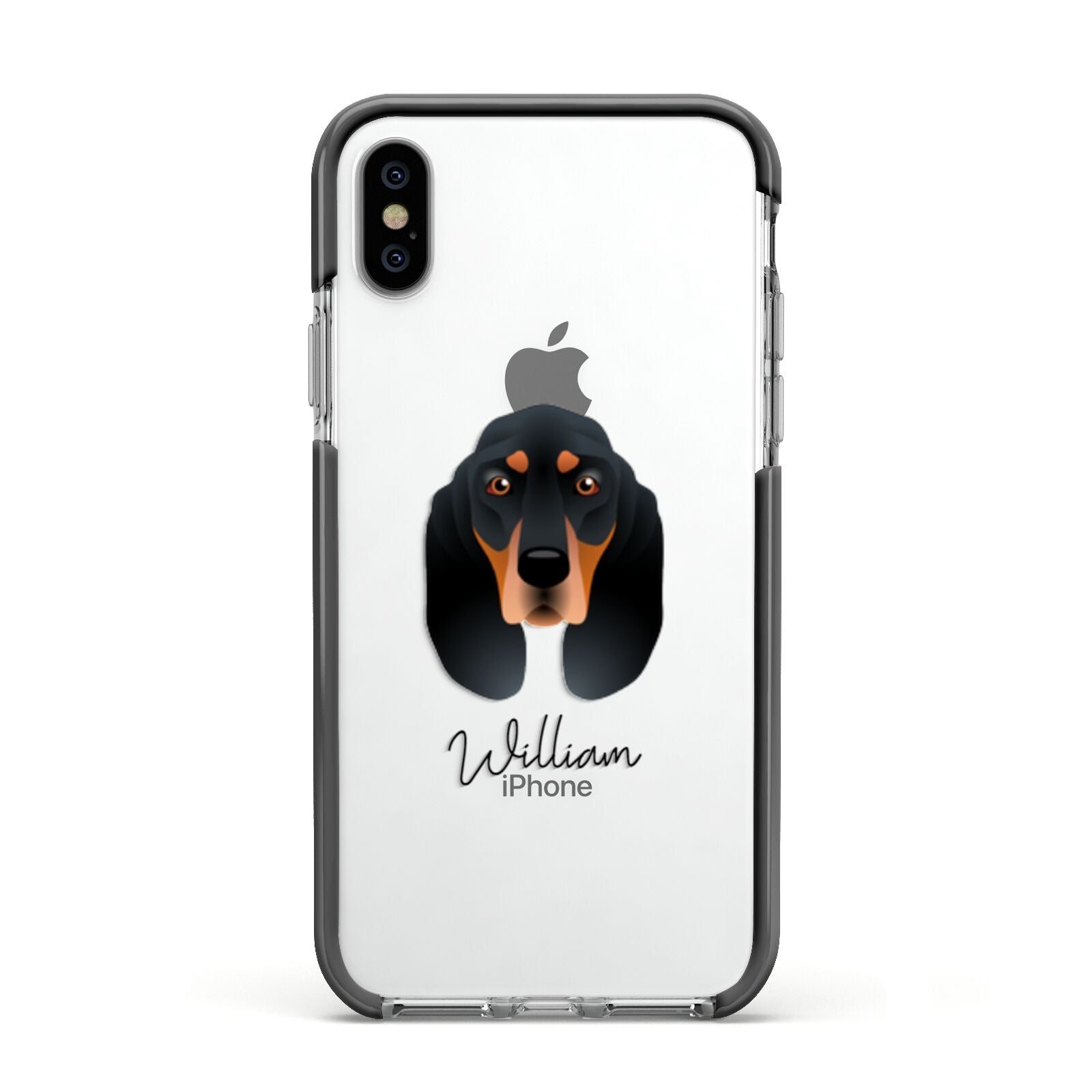 Black and Tan Coonhound Personalised Apple iPhone Xs Impact Case Black Edge on Silver Phone