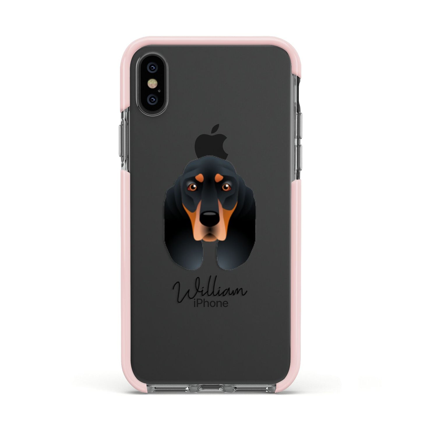 Black and Tan Coonhound Personalised Apple iPhone Xs Impact Case Pink Edge on Black Phone