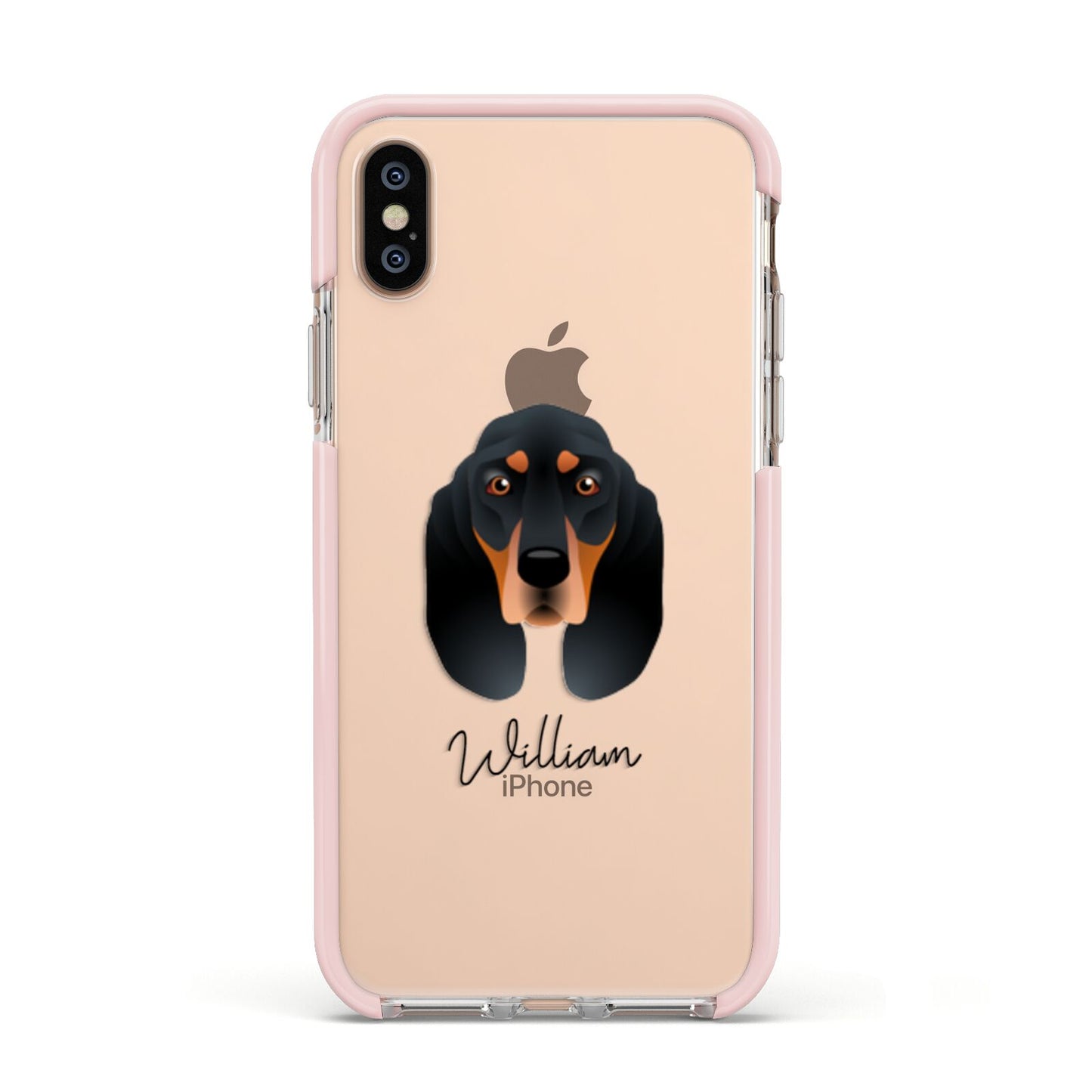 Black and Tan Coonhound Personalised Apple iPhone Xs Impact Case Pink Edge on Gold Phone