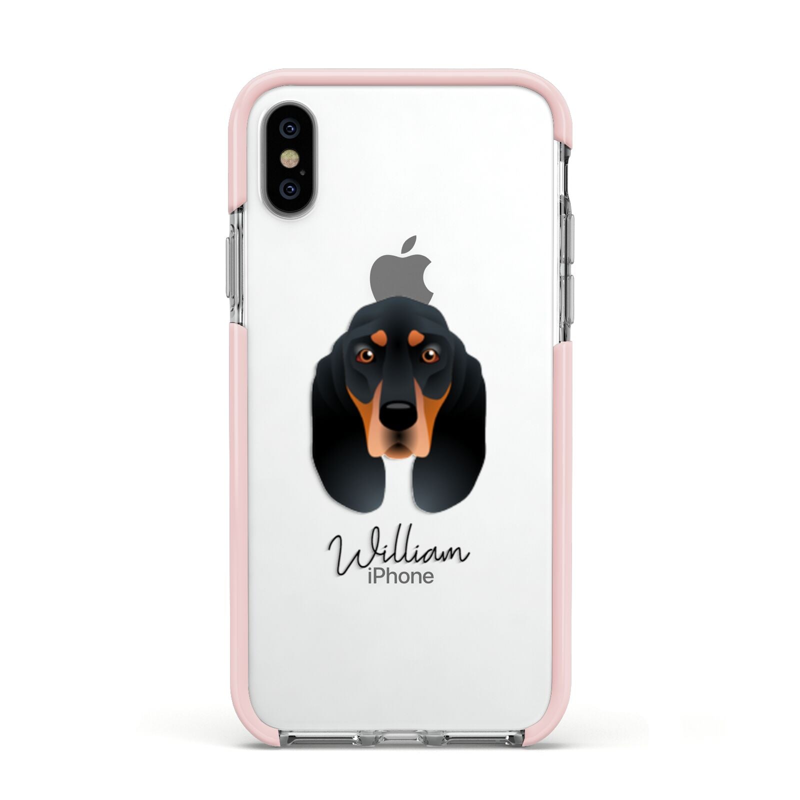 Black and Tan Coonhound Personalised Apple iPhone Xs Impact Case Pink Edge on Silver Phone