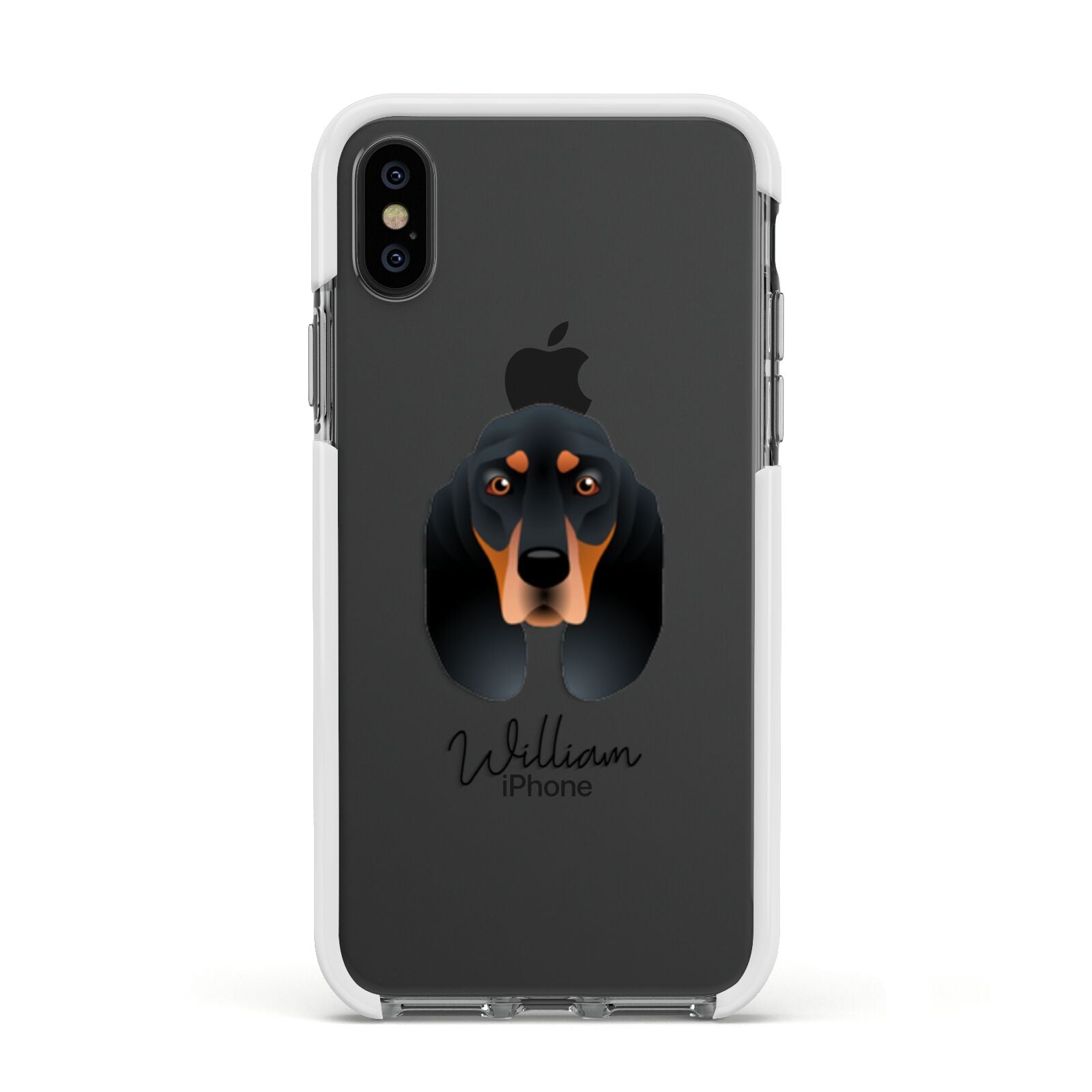 Black and Tan Coonhound Personalised Apple iPhone Xs Impact Case White Edge on Black Phone
