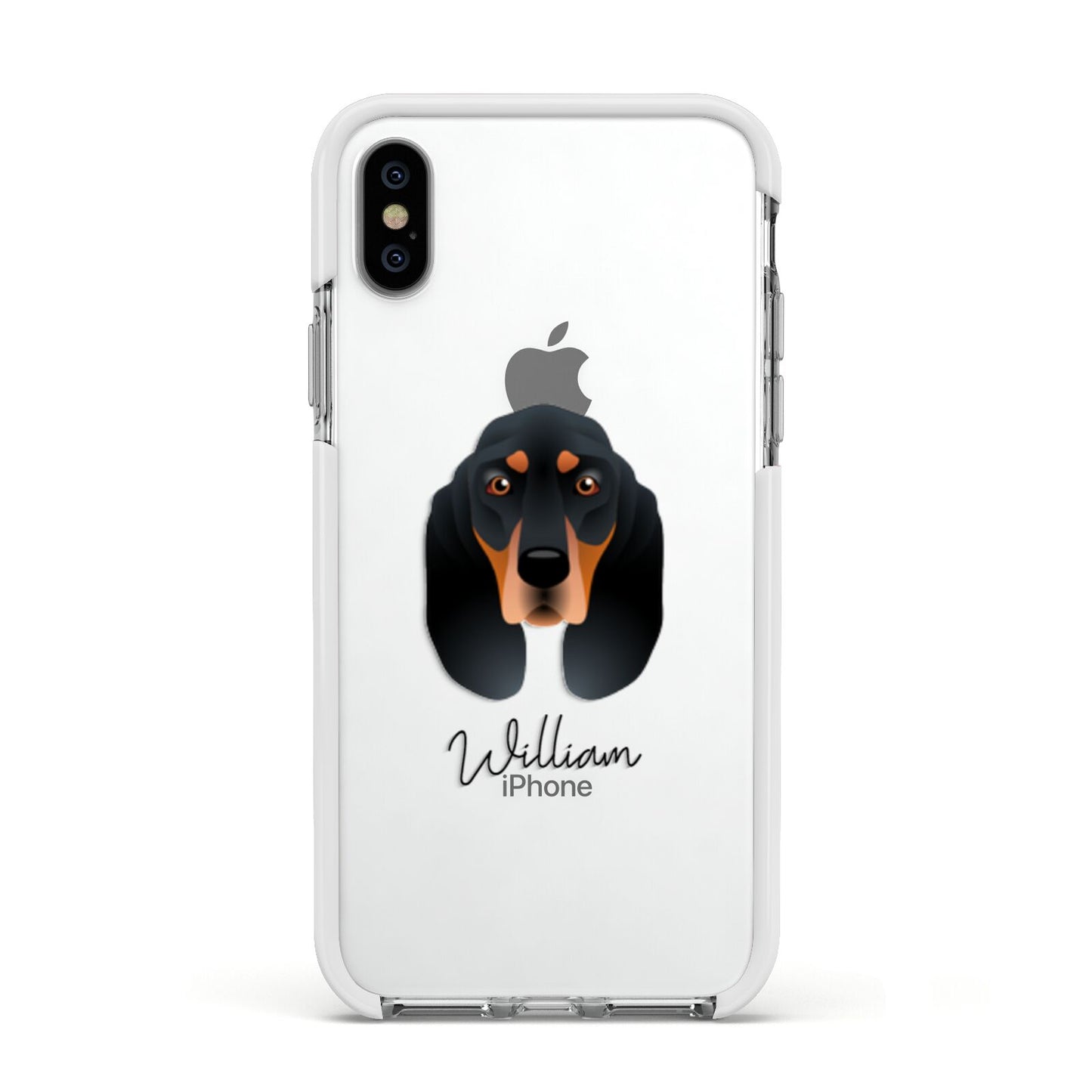 Black and Tan Coonhound Personalised Apple iPhone Xs Impact Case White Edge on Silver Phone